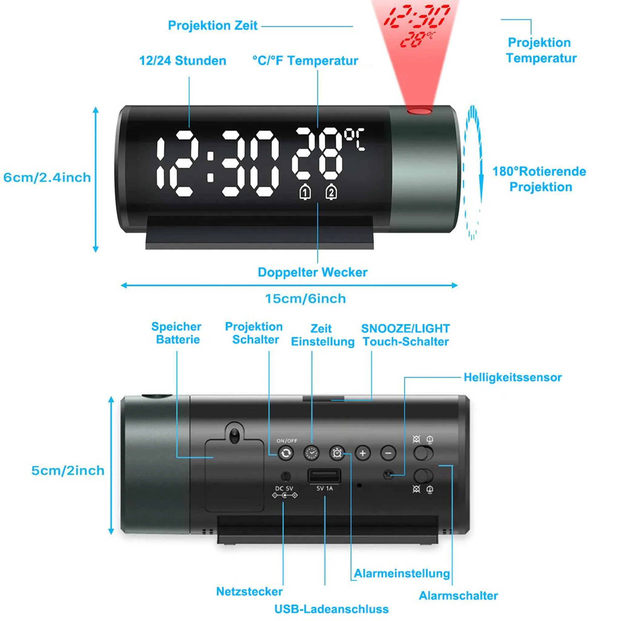 Digitaluhr mit Projektion von Zeit und Temperatur, Maße und Bedienelemente sind beschriftet.