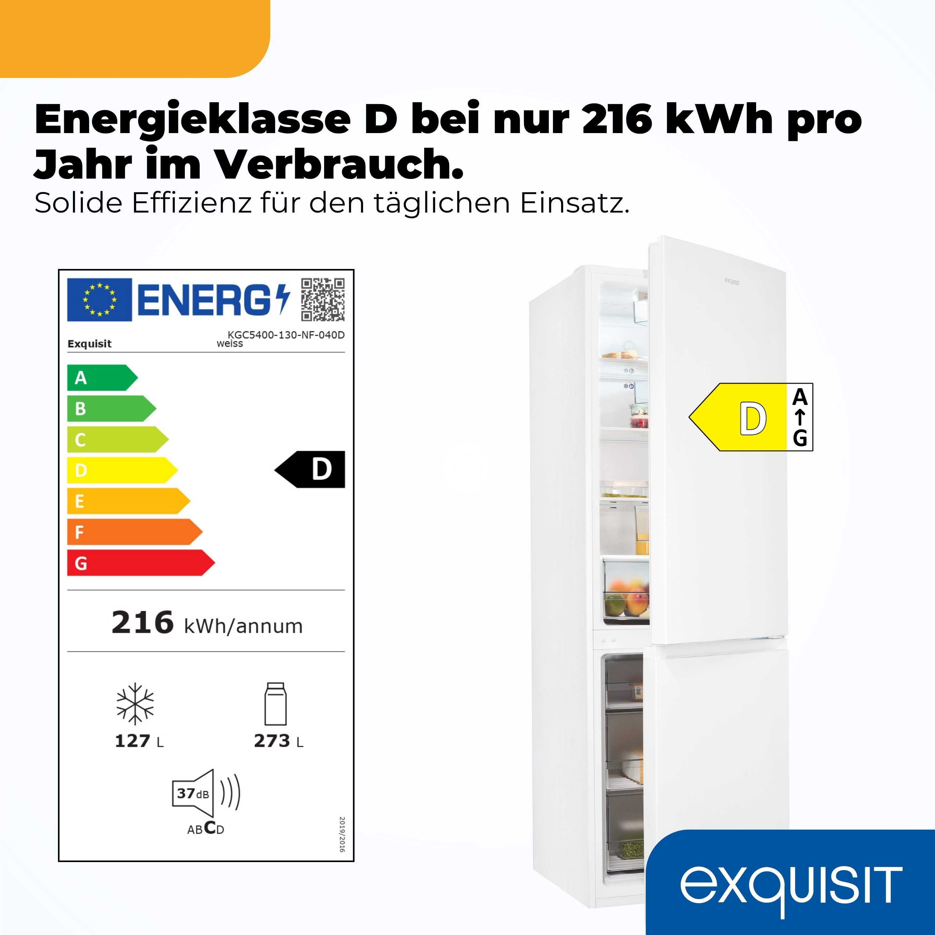 Ein weißer Kühlschrank mit Energieeffizienzklasse D, 216 kWh/Jahr, 127L Gefrierfach, 273L Kühlfach.
