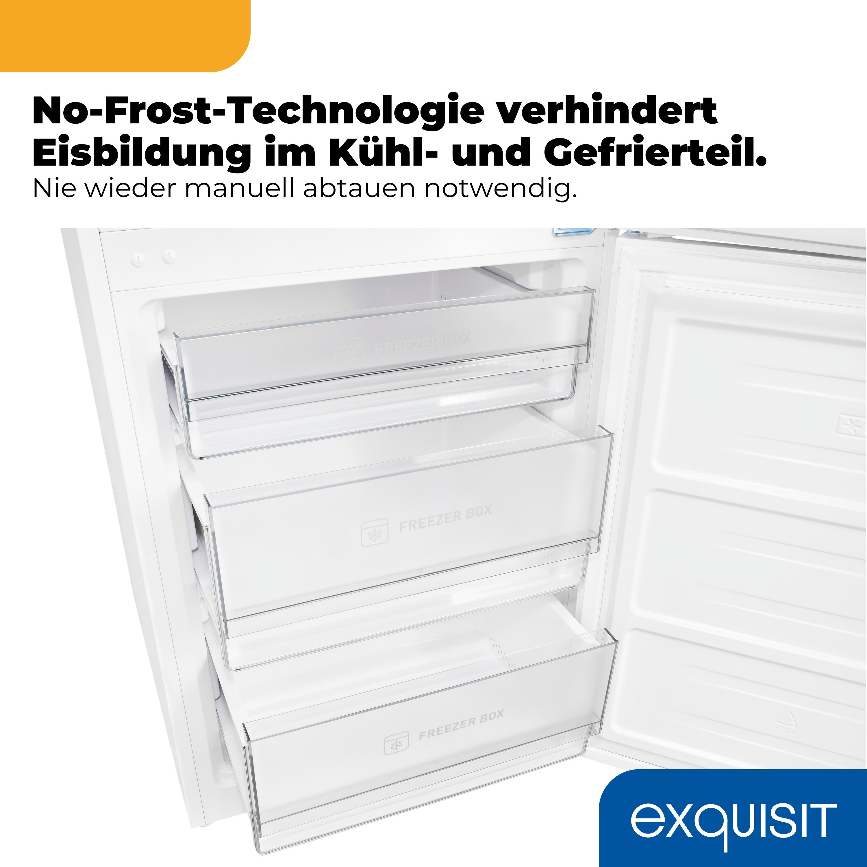 Innenansicht eines weißen Kühlschranks mit drei durchsichtigen Gefrierfächern.