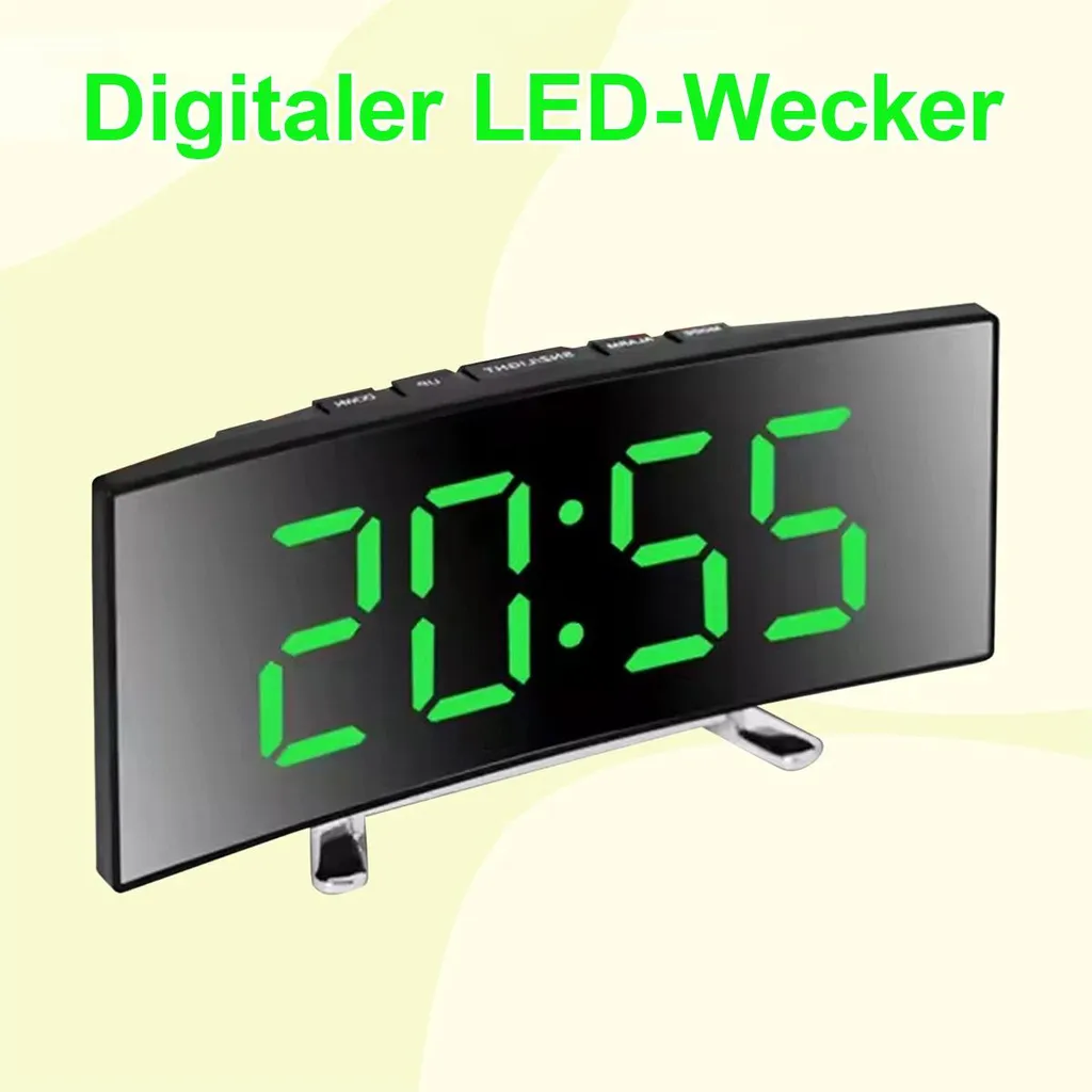 Digitaler LED-Wecker zeigt 20:55 an. Das Display ist gebogen und leuchtet grün.