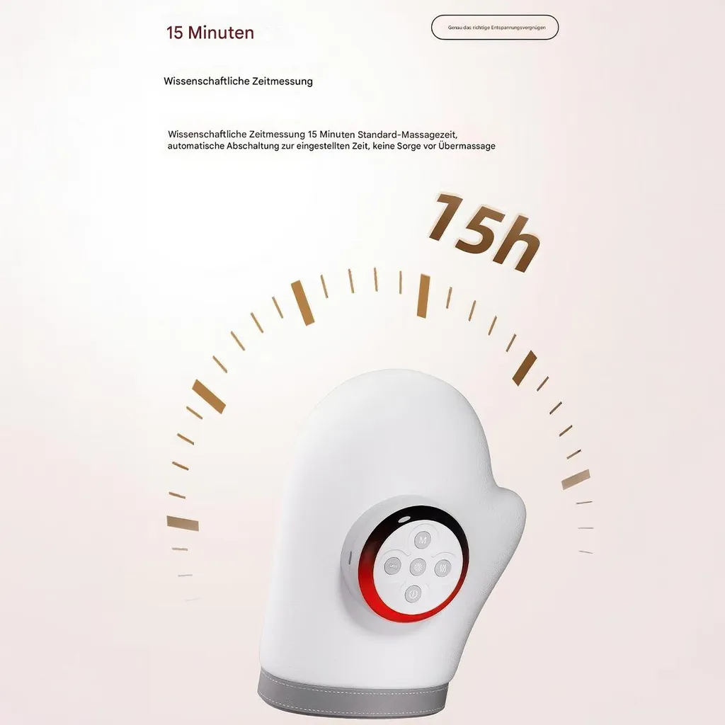 Ein weißer Massagehandschuh mit Bedienelementen und einem 15-Minuten-Timer.