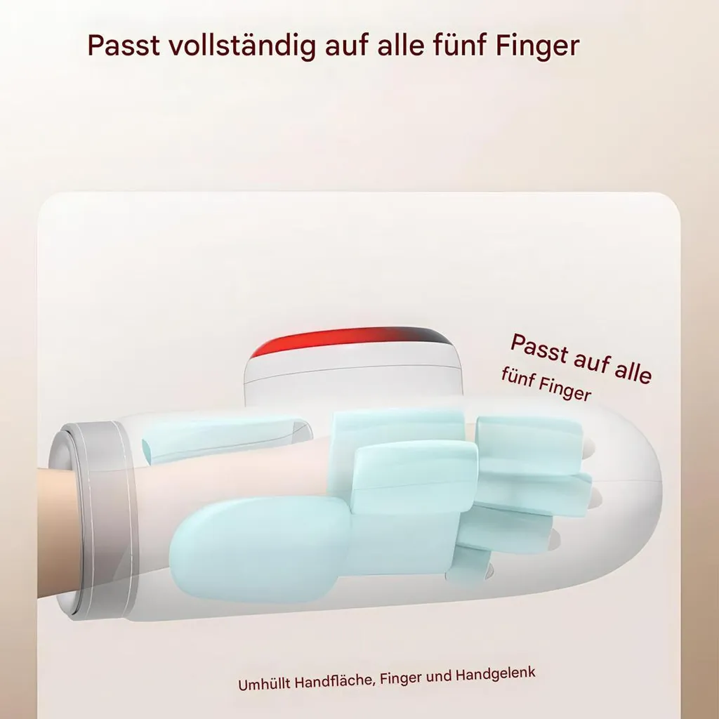 Ein Handmodell mit blauen Polstern, das alle fünf Finger bedeckt.