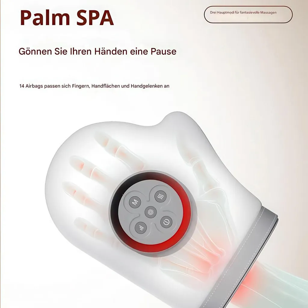Ein Handmassagegerät mit Bedienfeld und symbolischen Darstellungen von Fingern und Händen.