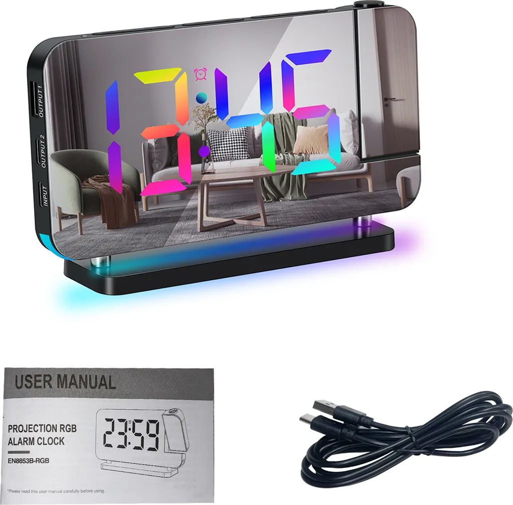 Digitaler Wecker mit RGB-Anzeige, Bedienungsanleitung und USB-Kabel.