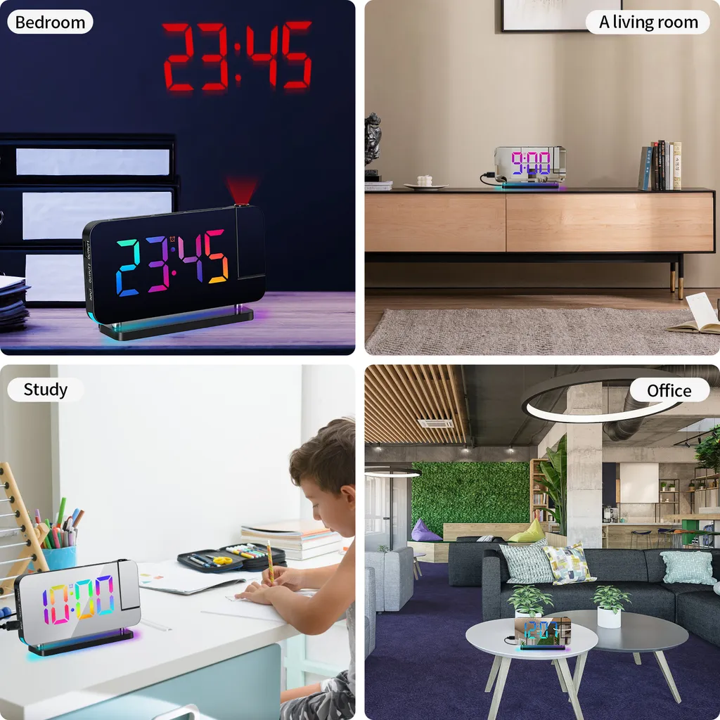 Digitaluhr mit Projektion zeigt 23:45 Uhr an. Eine andere Uhr zeigt 9:00 Uhr.