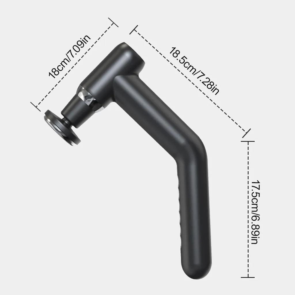 Schwarze Massagepistole mit angegebenen Maßen: 18cm, 18,5cm, 17,5cm.