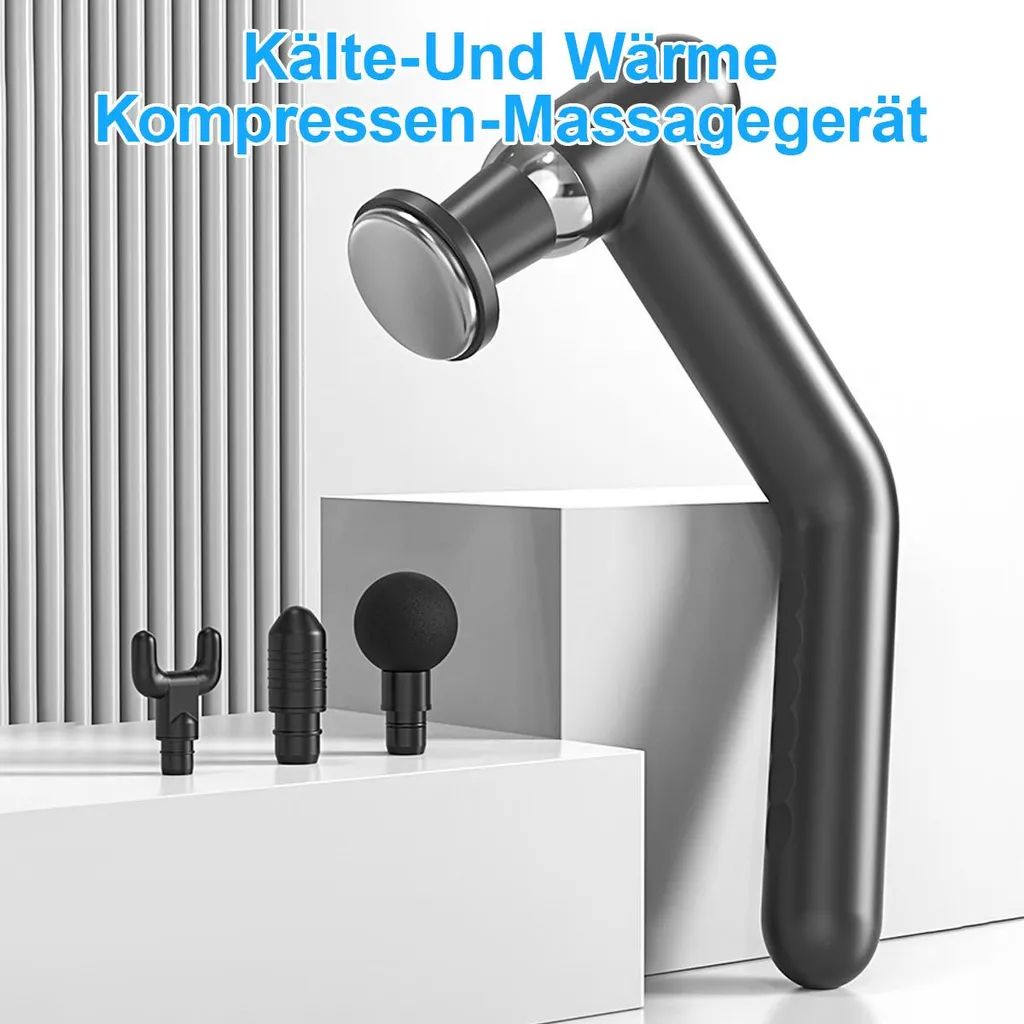 Schwarzes Massagegerät mit Aufsätzen auf weißen Podesten, vor vertikalen Streifen.