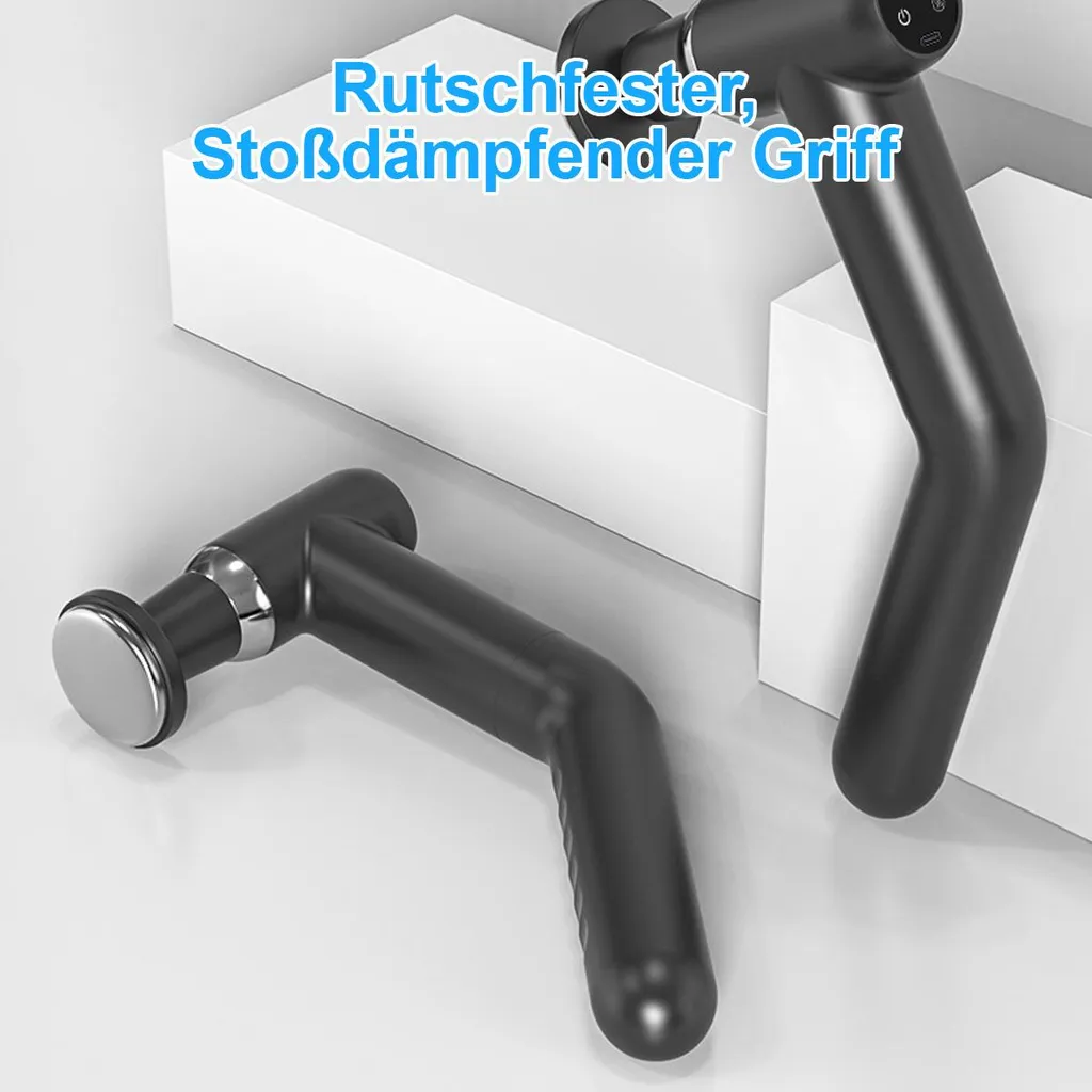 Zwei schwarze Massagepistolen auf weißem Hintergrund, mit Text.