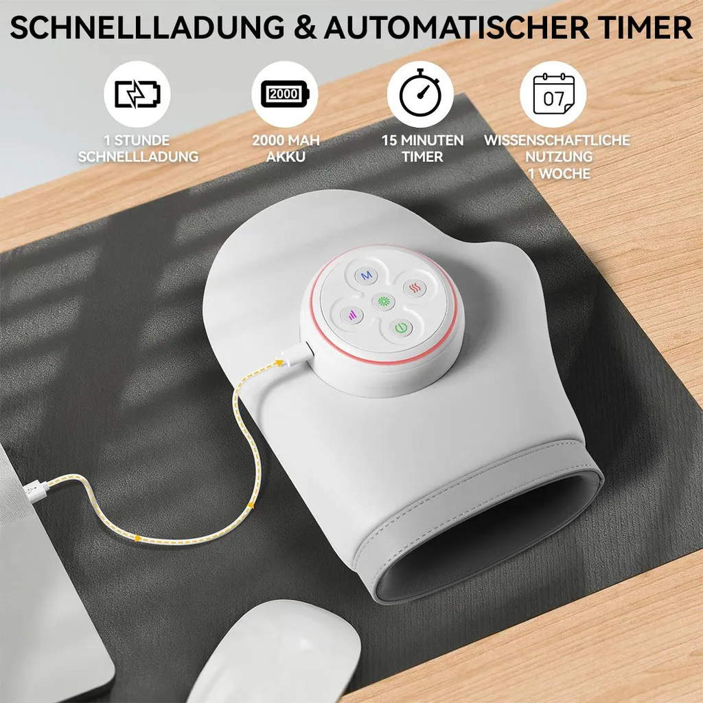 Weiße Massagehandschuh mit blauem Bedienfeld, verbunden mit einem Laptop.