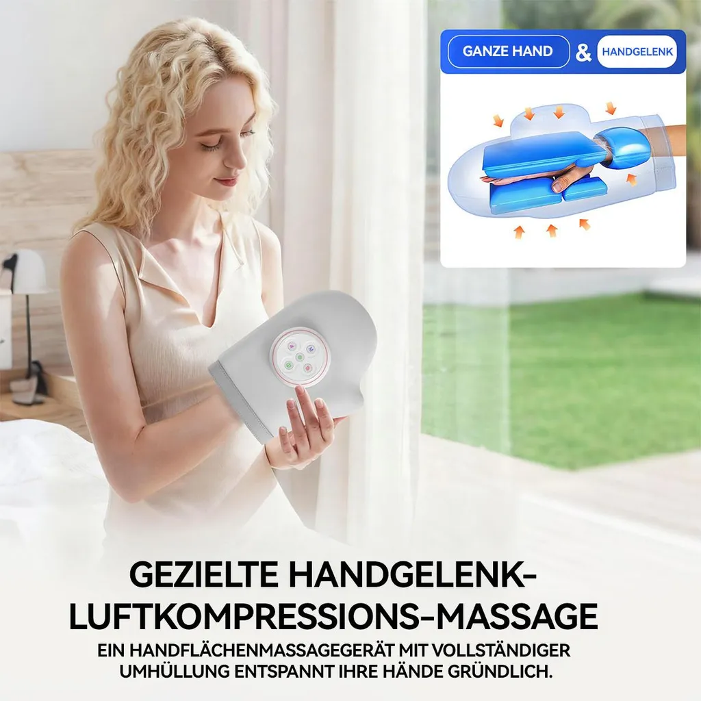 Frau hält ein Handmassagegerät mit Kompression.