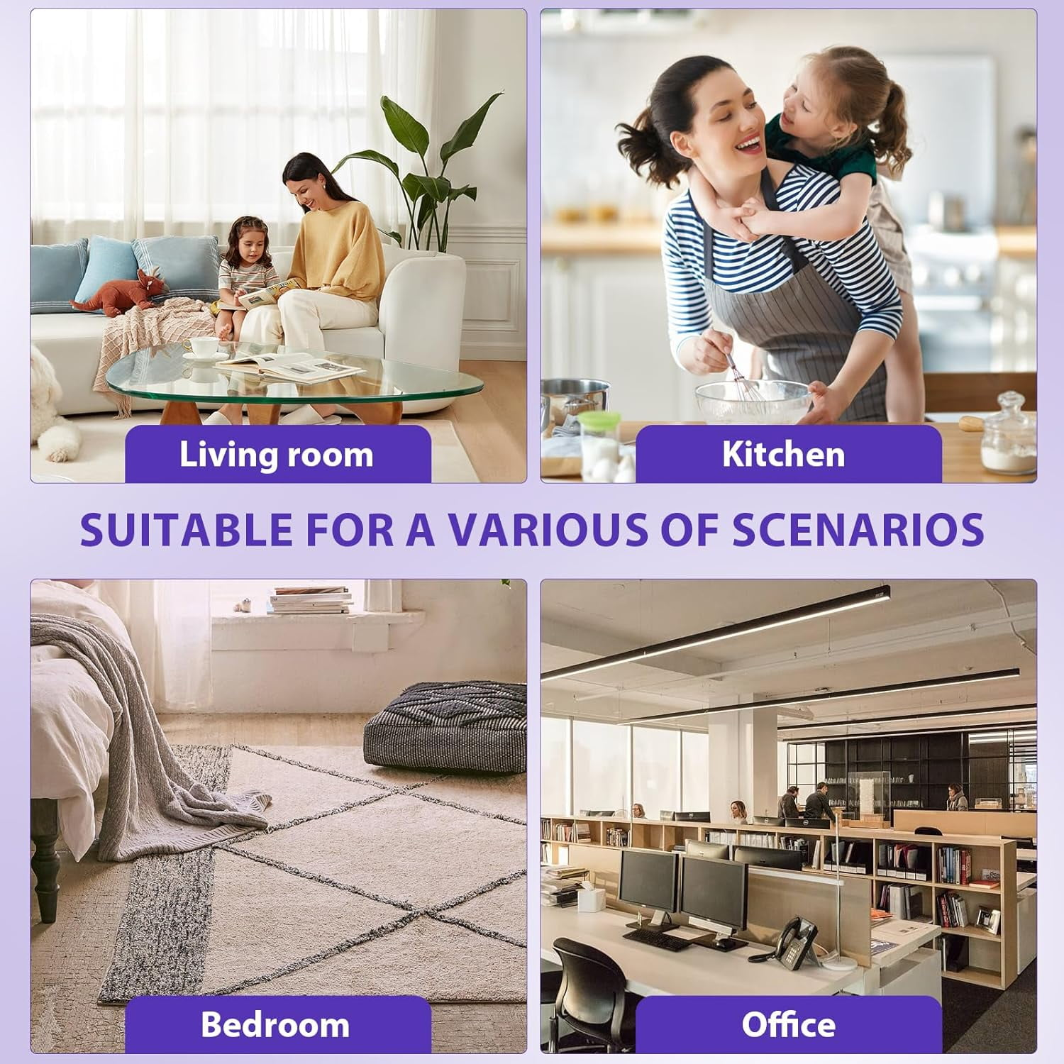 Vier Szenen: Wohnzimmer, Küche, Schlafzimmer und Büro. Geeignet für verschiedene Szenarien.