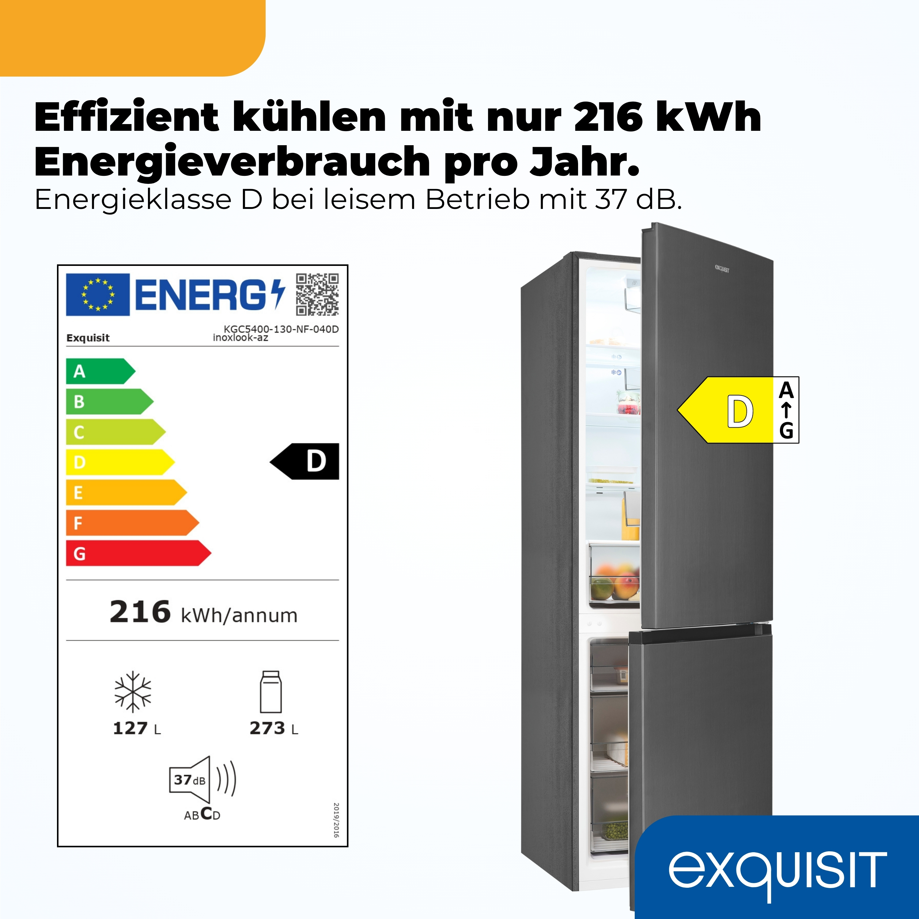 Ein dunkler Kühlschrank mit Energieeffizienzlabel Klasse D und 216 kWh/Jahr.