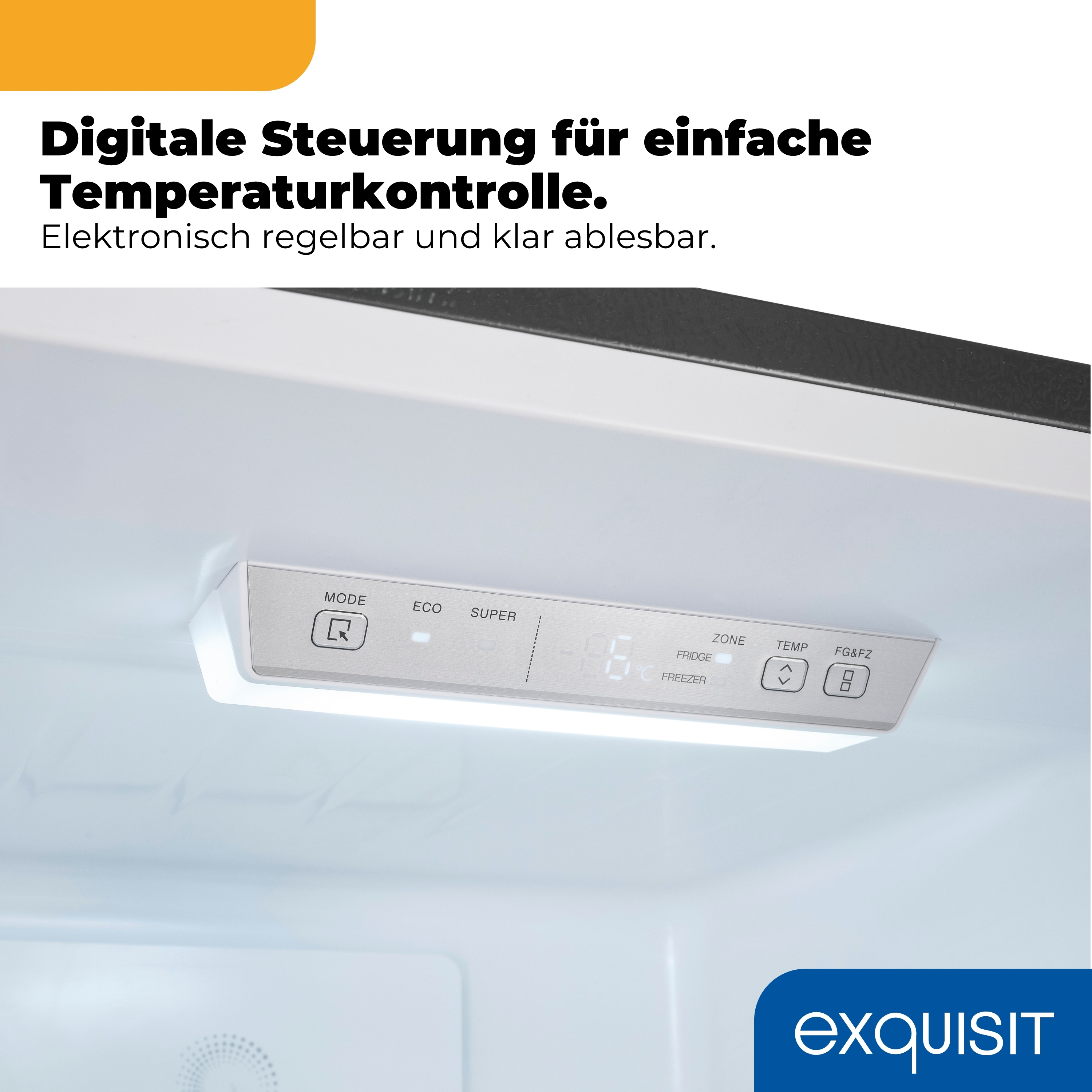 Digitales Bedienfeld mit Temperaturanzeige und Tasten.