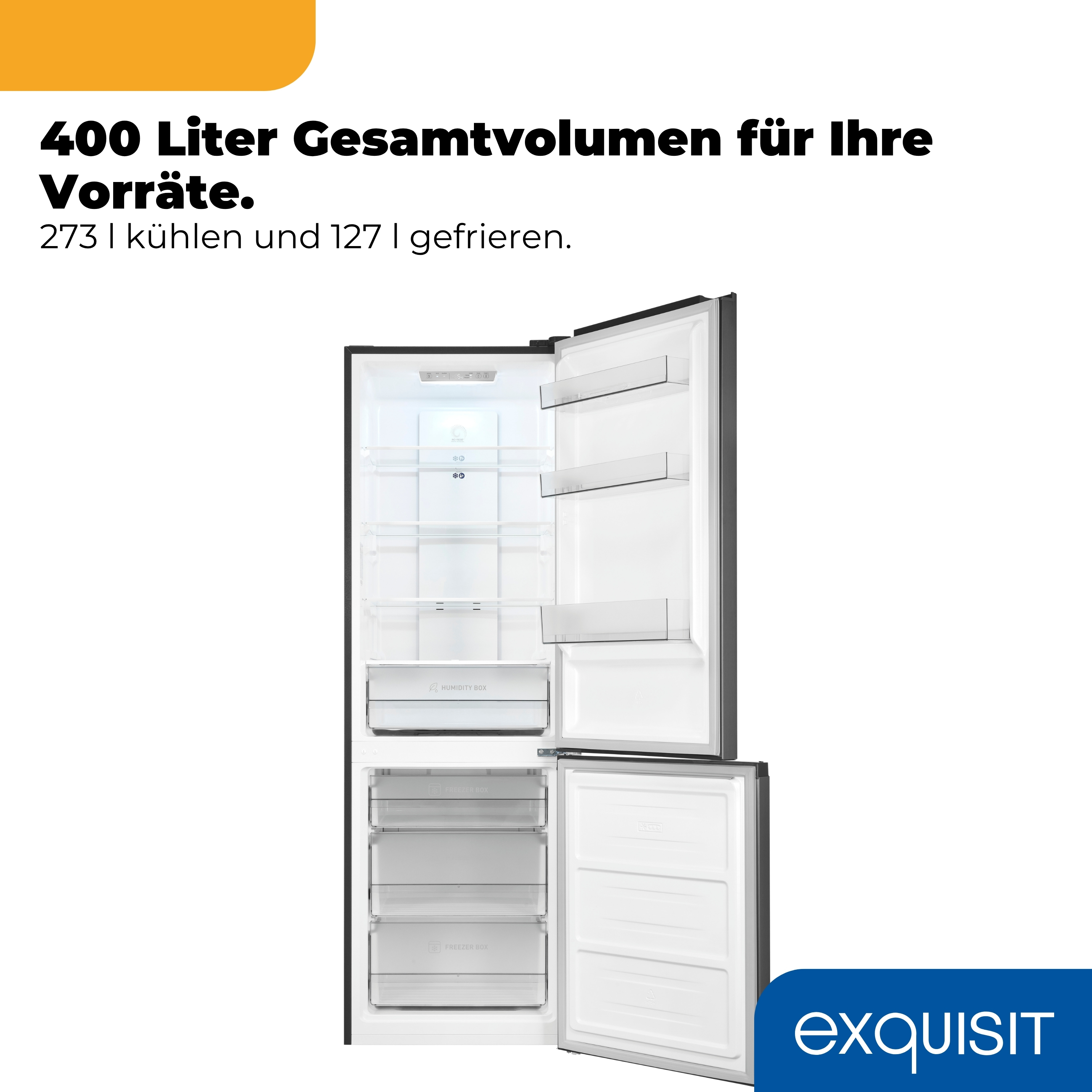 Ein offener Kühlschrank mit "HUMIDITY BOX" und "FREEZER BOX" Schubladen.
