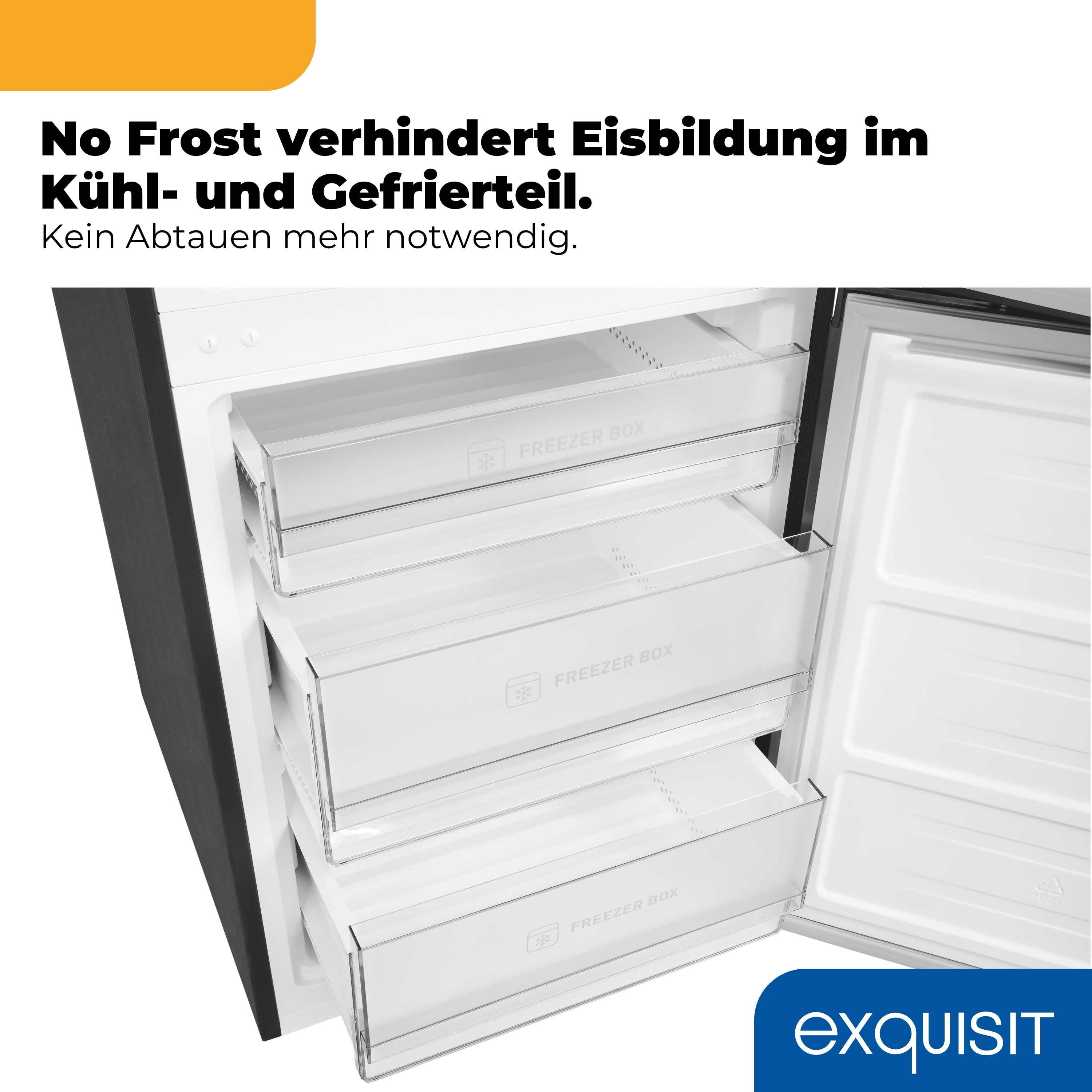 Einbaukühlschrank mit drei "FREEZER BOX" Schubladen und dem "EXQUISIT" Logo.