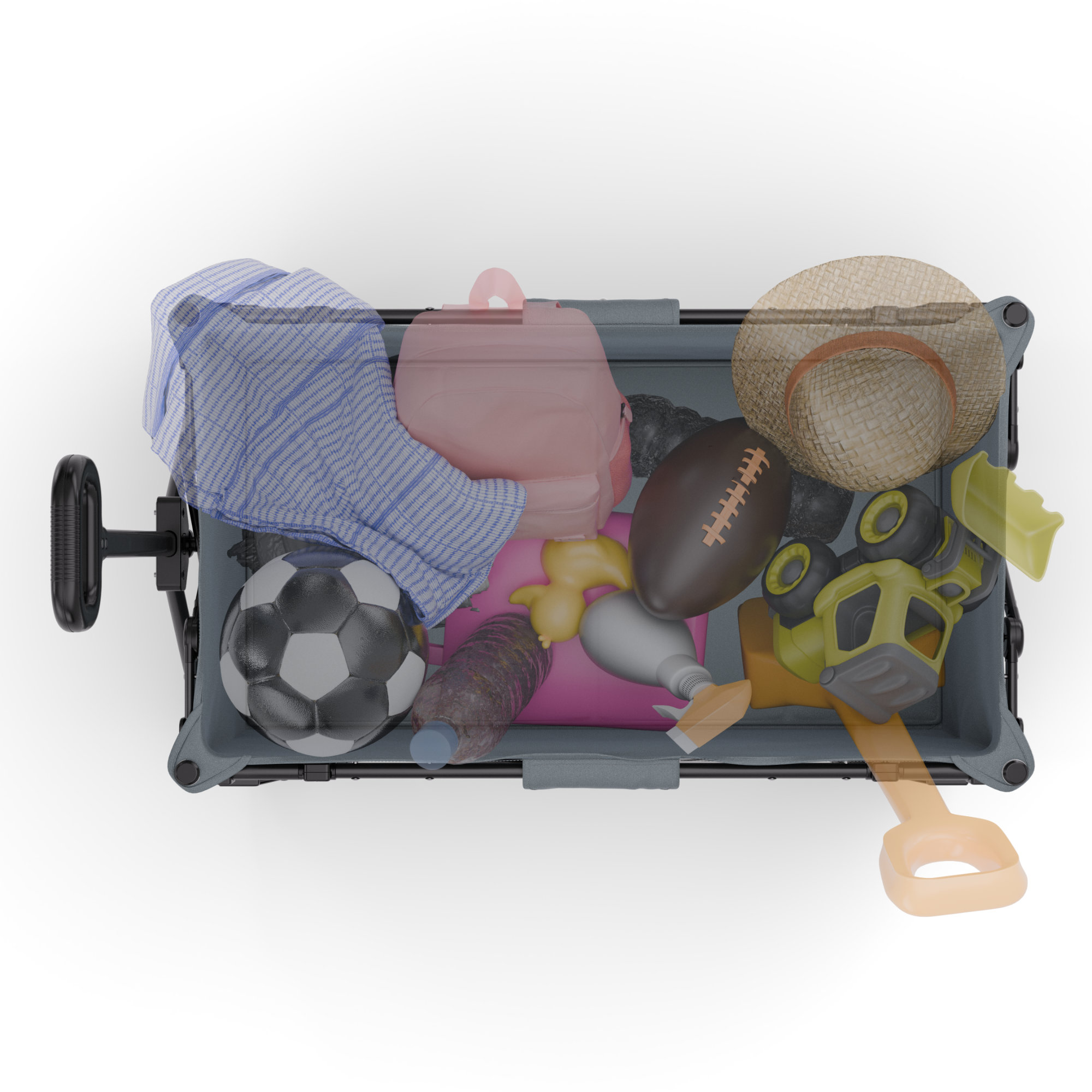 Ein grauer Bollerwagen voller Spielzeug: Ball, Rucksack, Fußball, Hut, LKW.