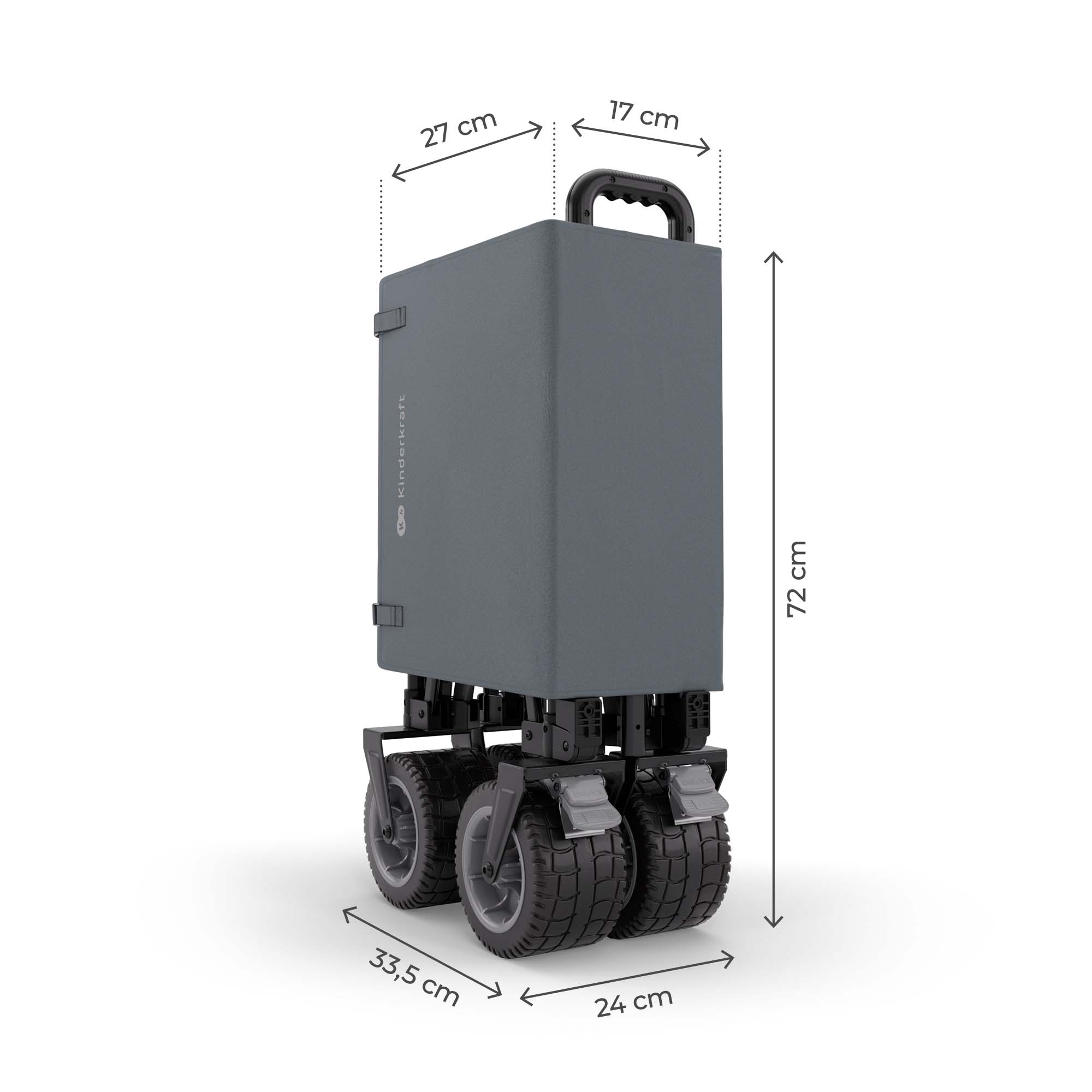 Ein zusammengeklappter grauer Wagen mit Maßen. Er hat vier Räder und einen Griff.