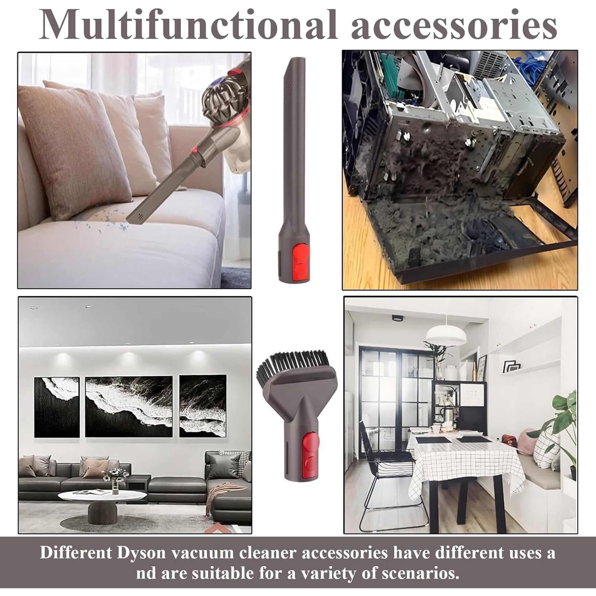 Ein Dyson-Staubsauger reinigt ein Sofa, Zubehörteile & ein schmutziges Computergehäuse.