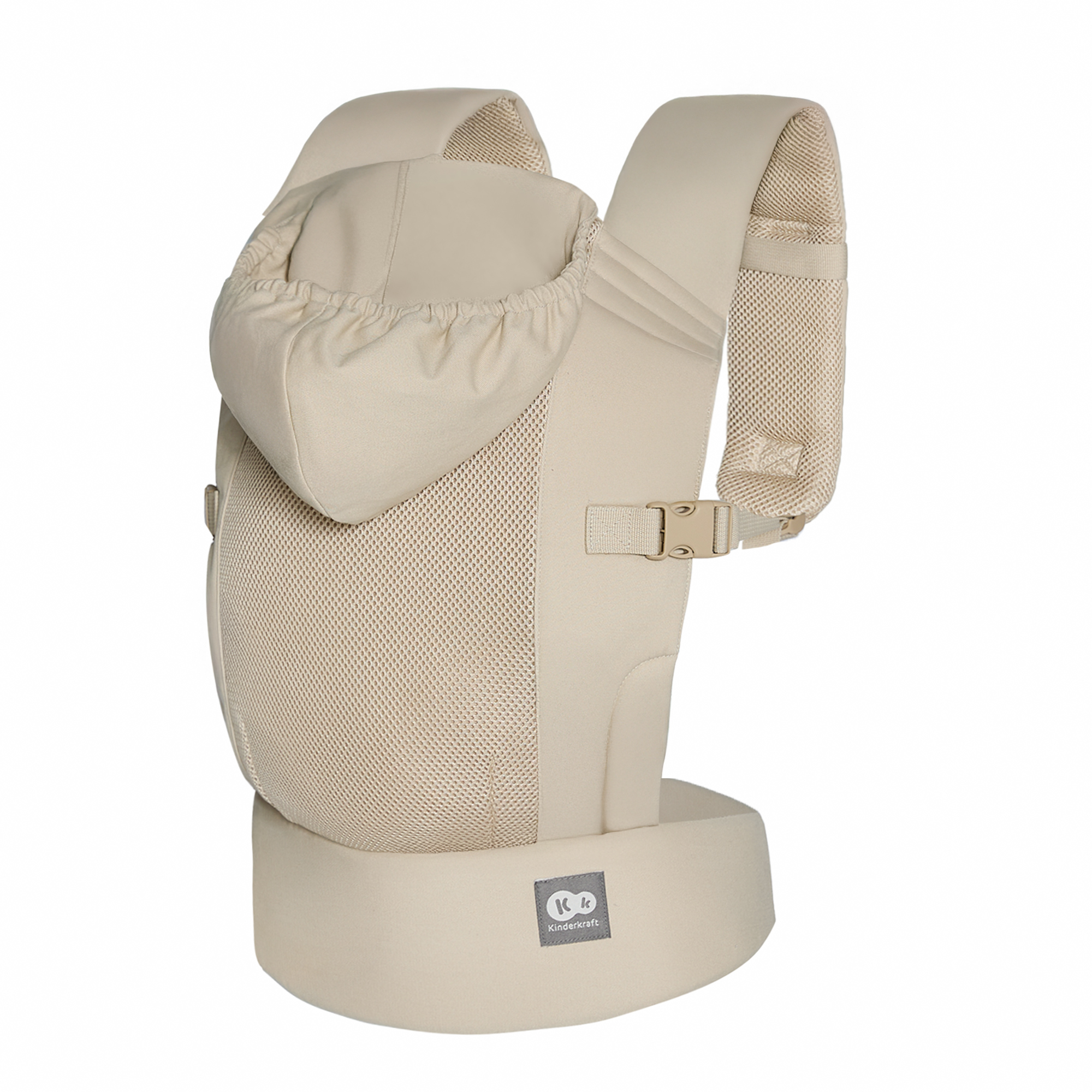Eine beige Babytrage mit Kapuze, Netzgewebe und Schnallen