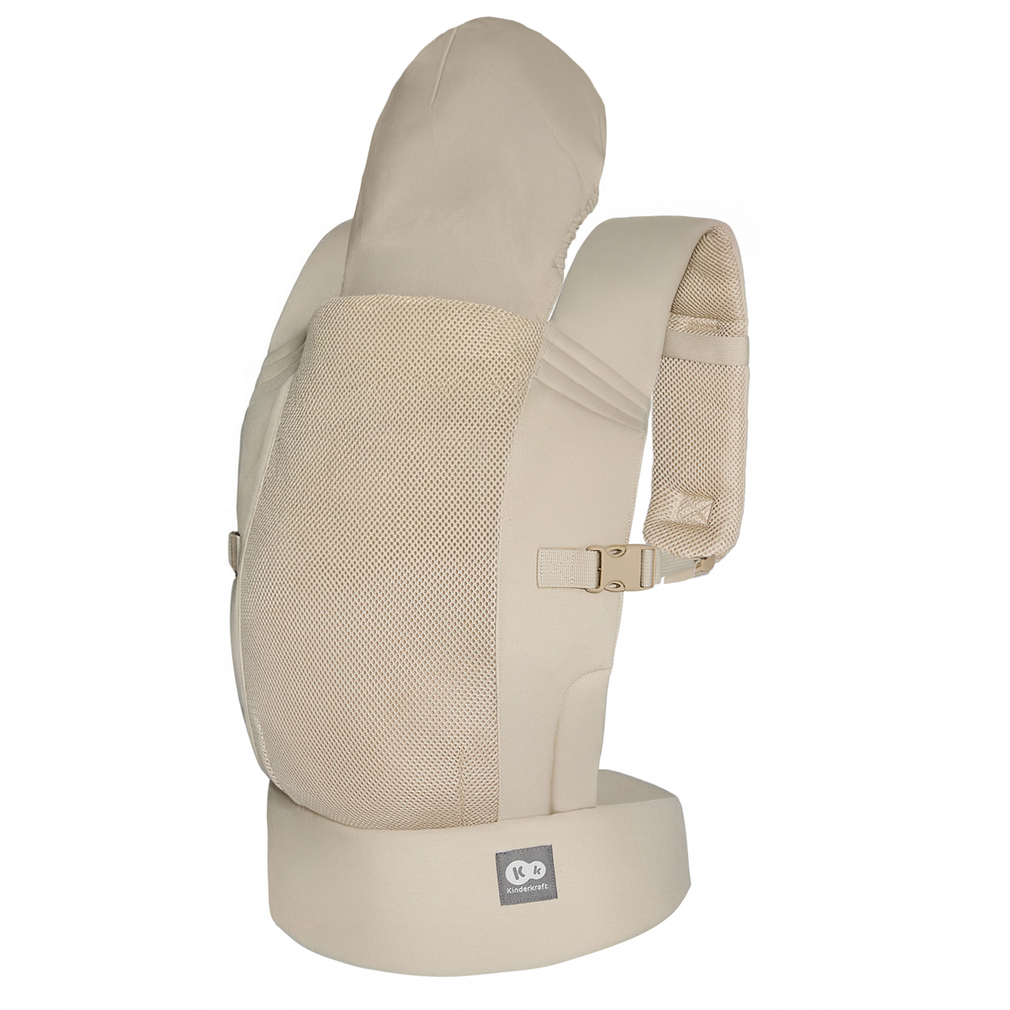 Ein beiger Babytrage-Rucksack mit Netzstoff und Kapuze, auf weißem Hintergrund.