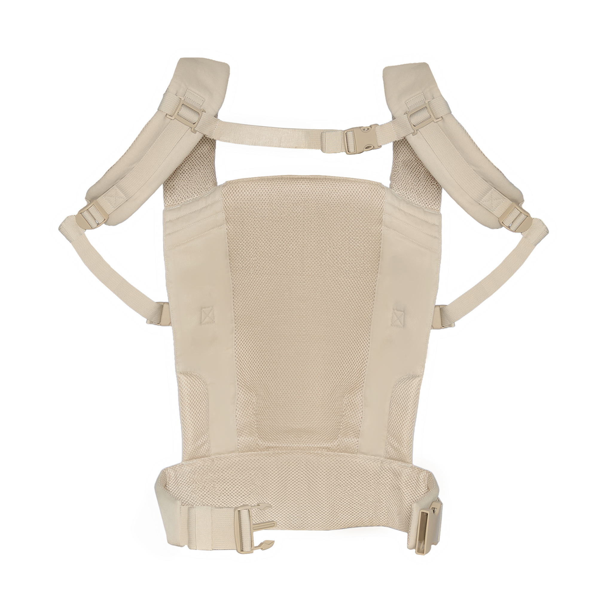 Ein beiger Babytrage-Rucksack mit gepolsterten Trägern und Schnallen, weißer Hintergrund.