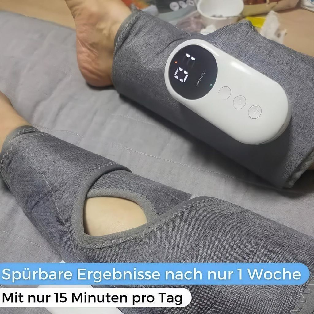 Graue Kompressionsmanschetten an Bein und Arm mit weißem Steuergerät.