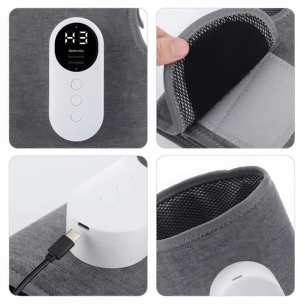 Grauer Massagegürtel mit weißem Steuergerät und USB-C-Anschluss.