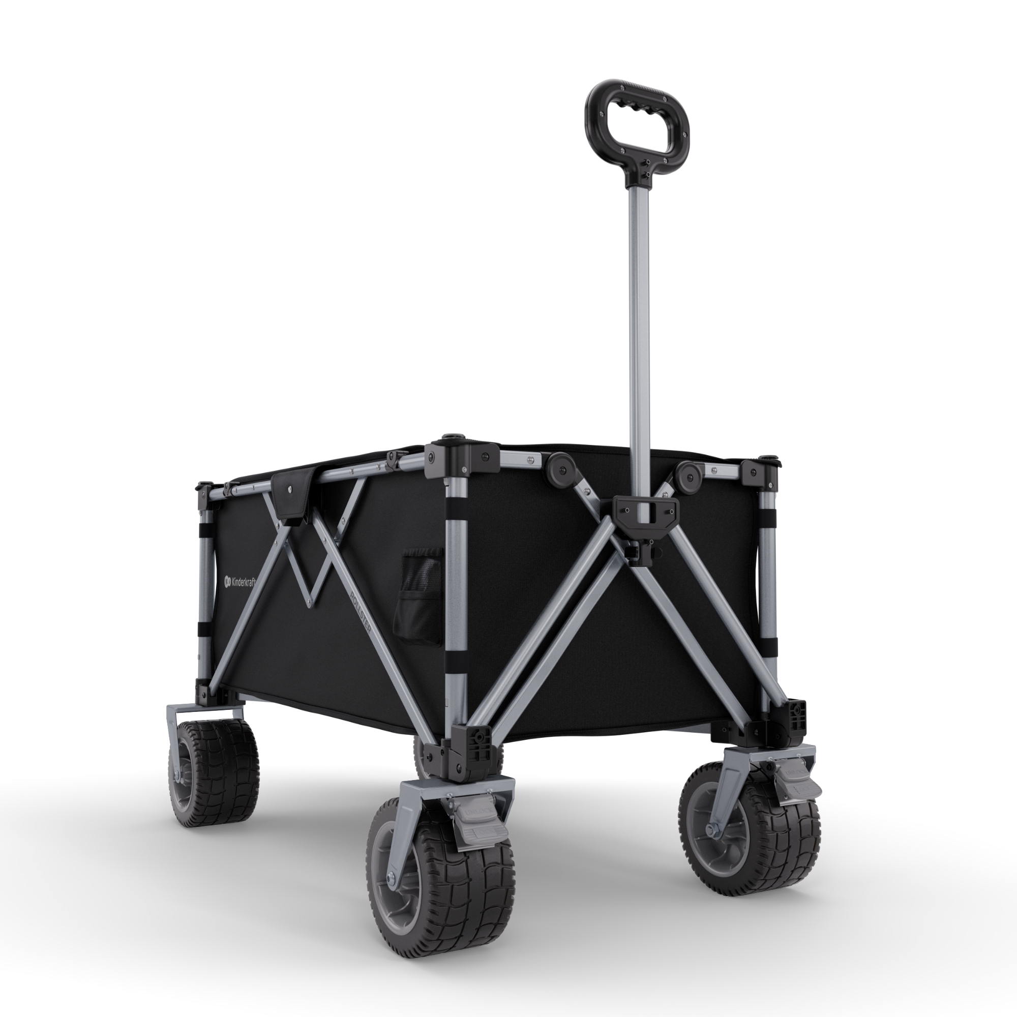 Ein schwarzer Bollerwagen mit silbernem Griff und Rädern auf weißem Hintergrund.