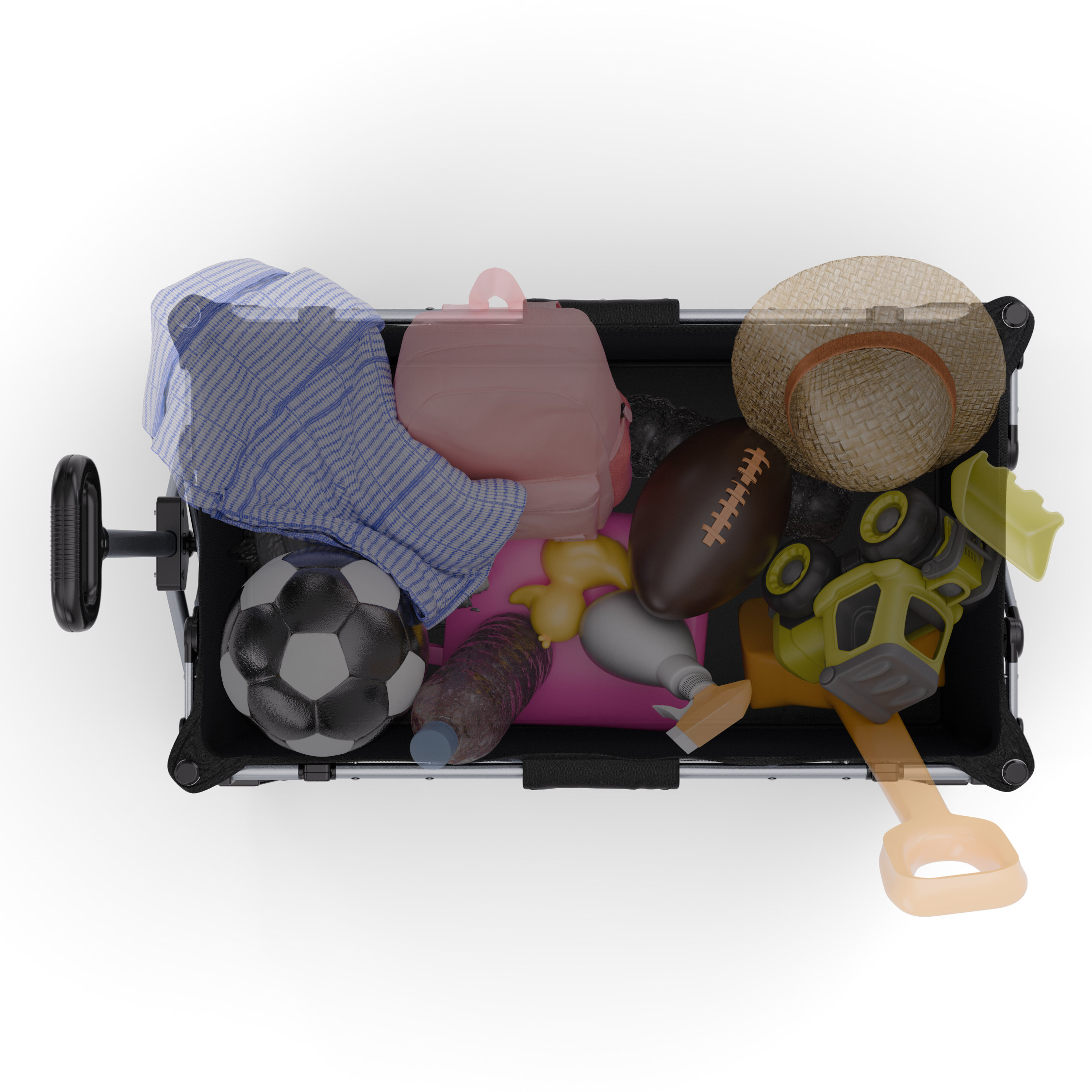 Ein Wagen voller Spielzeug: Fußball, Rucksack, Strohhut, Football, Spielzeug-LKW.