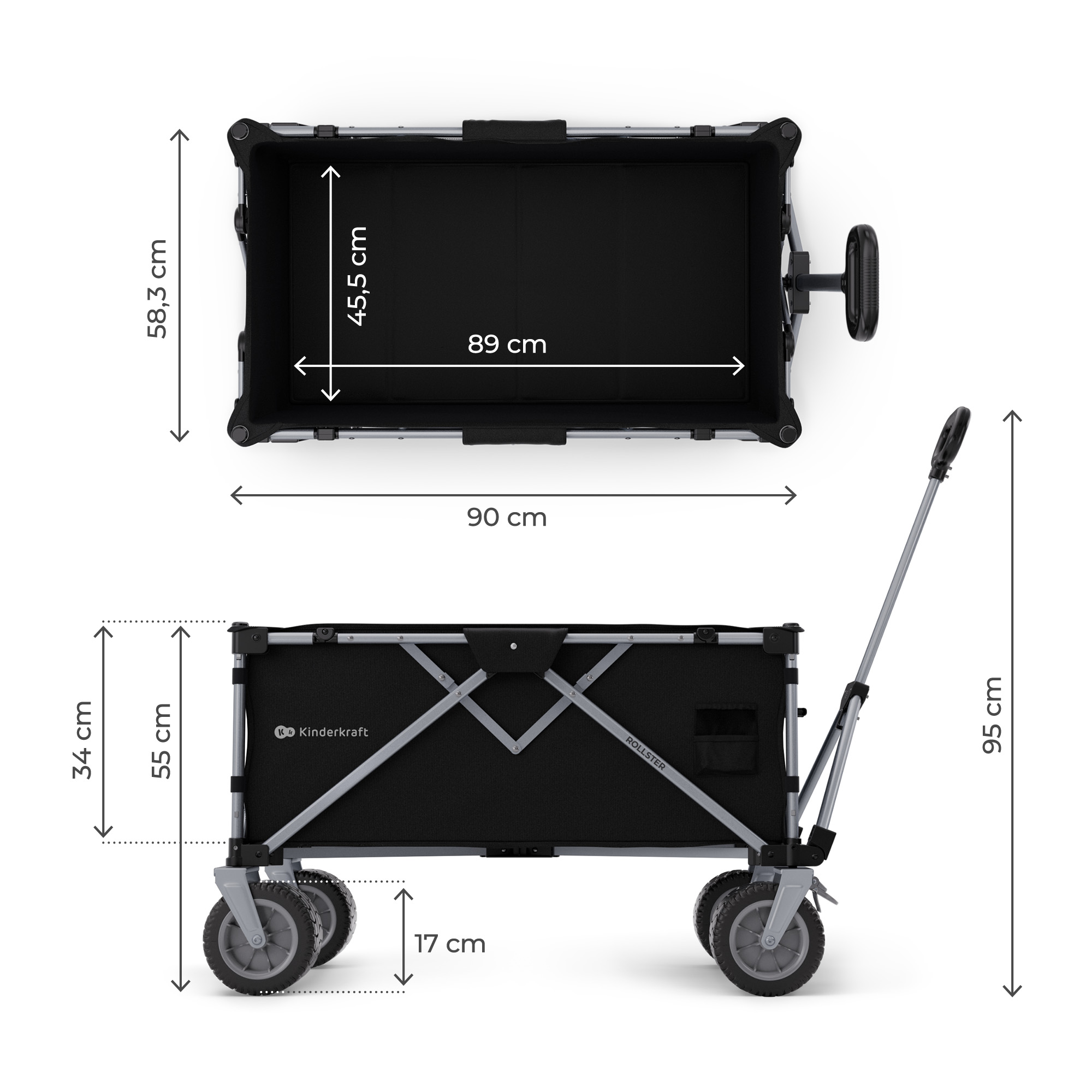 Schwarzer Bollerwagen mit Maßen: 89x45,5cm (LxB), Höhe 58,3cm, Gesamthöhe 95cm.