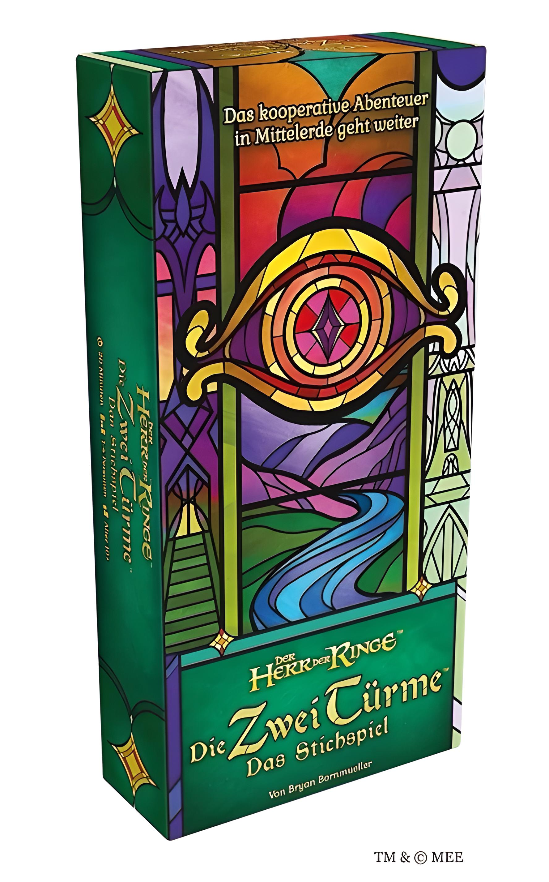 Eine Spielschachtel mit einer bunten Glasmalerei eines Auges und Schriftzug.
