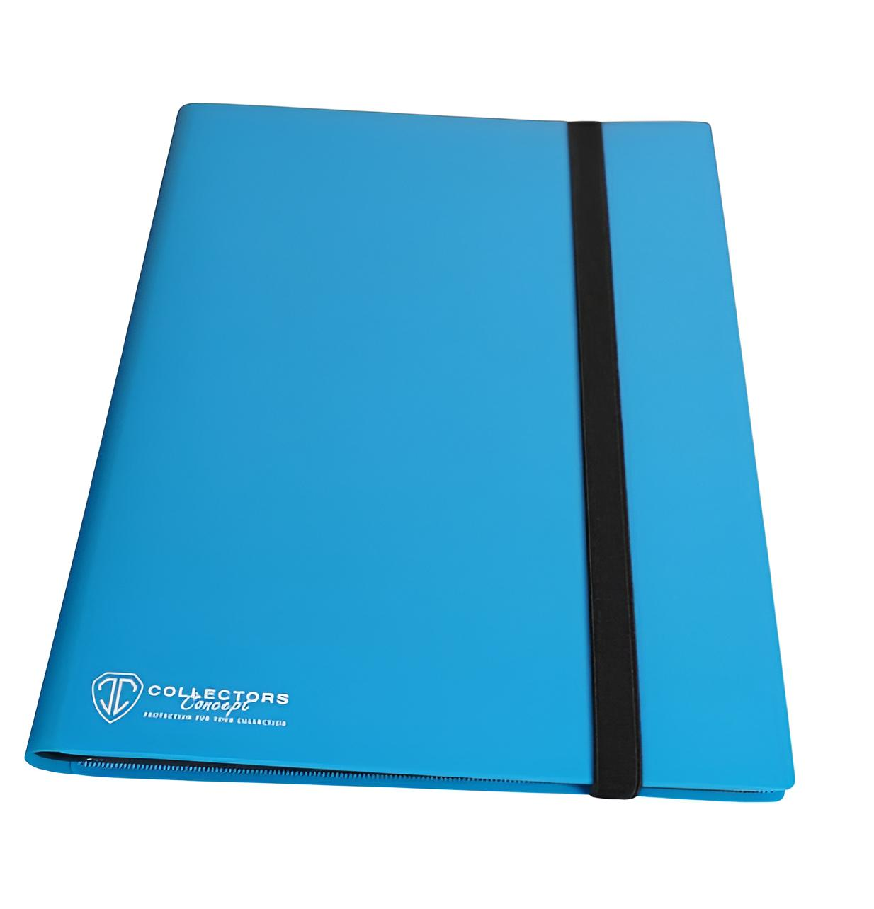 Blaue Sammelmappe mit schwarzem Gummiband und Logo.
