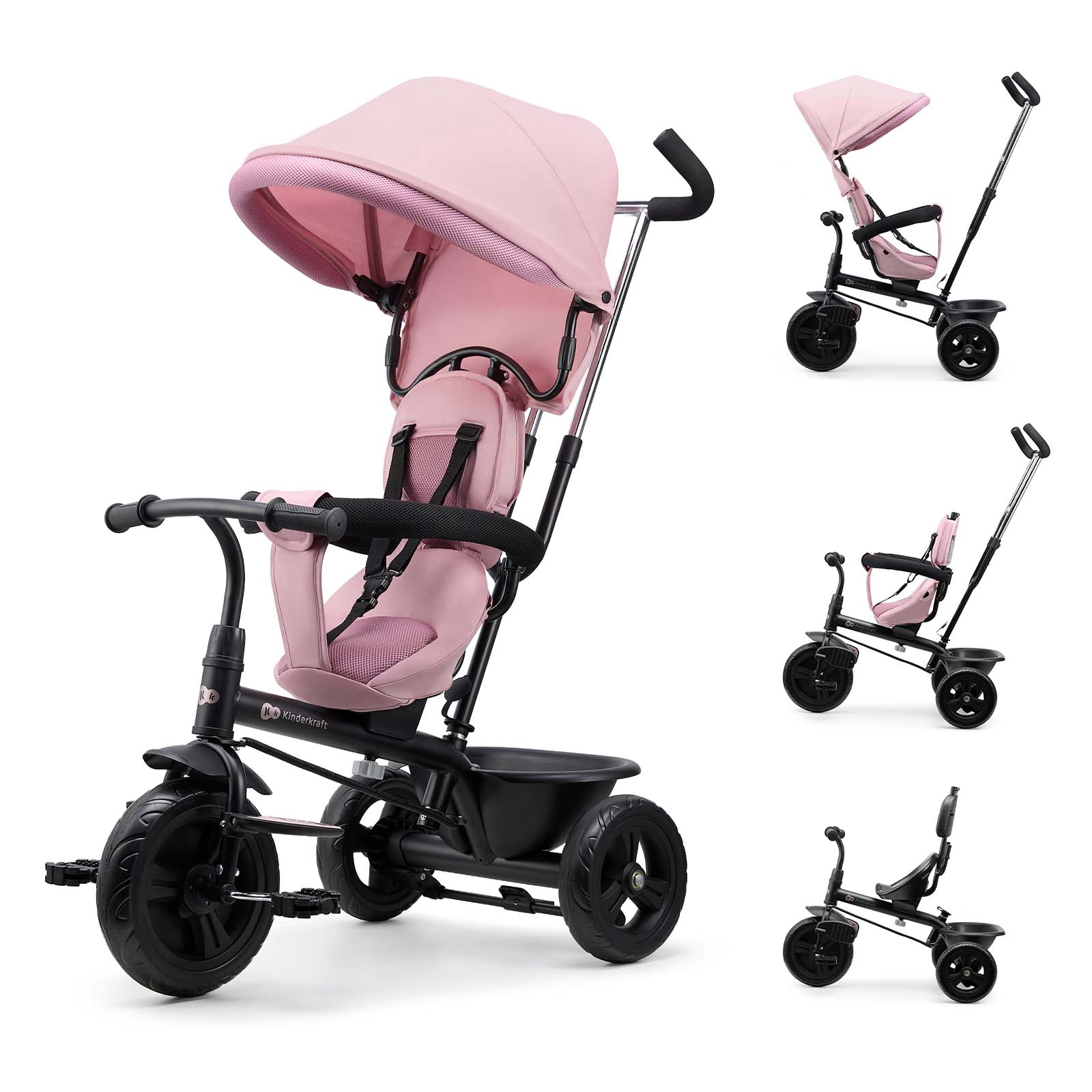Ein rosa Kinderdreirad mit Verdeck, Sicherheitsgurt und Schubstange.