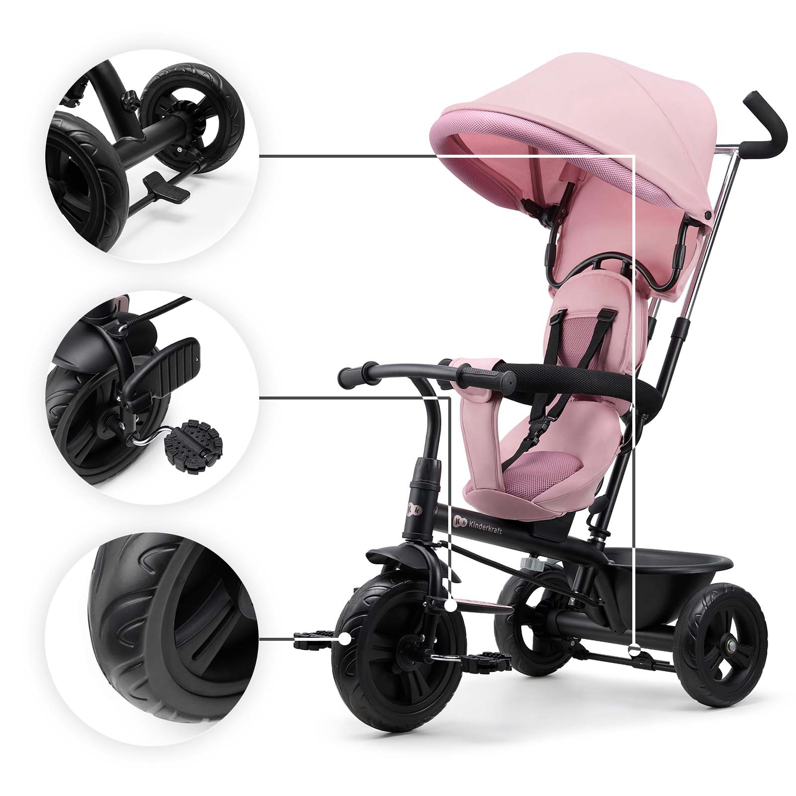 Ein rosafarbener Kinderdreirad mit schwarzen Rädern und Details.