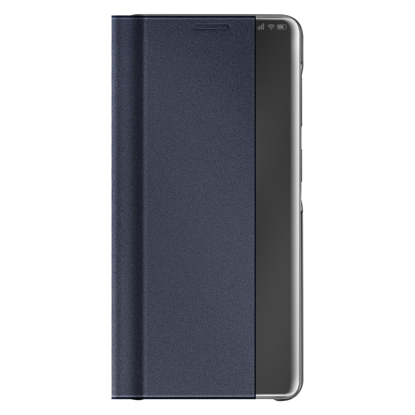 Dunkelblaues Handycover mit klappbarem Frontteil und schwarzem Streifen.