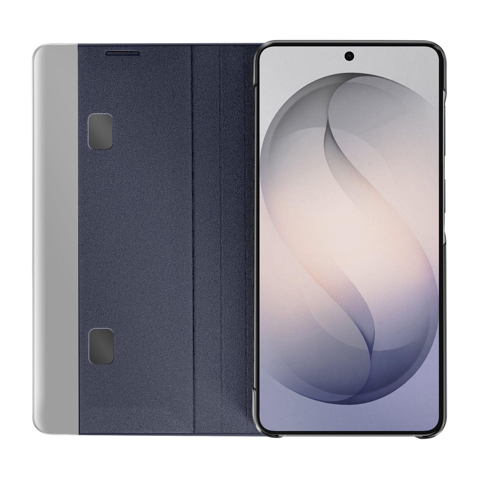 Ein blaues Handycover mit geöffnetem Klappdeckel, das ein Smartphone zeigt.
