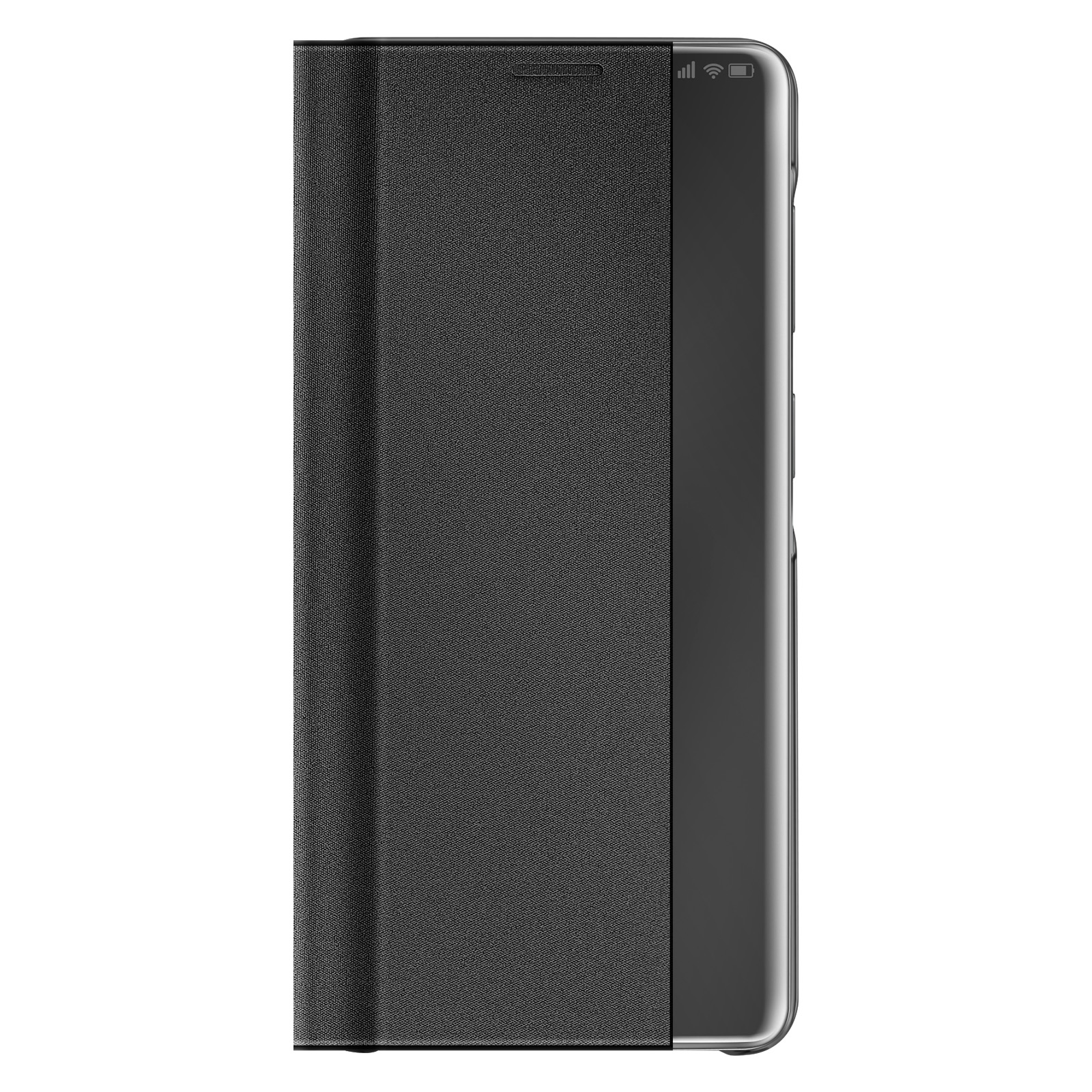 Ein schwarzes Handy mit einer transparenten Hülle, die teilweise geöffnet ist.