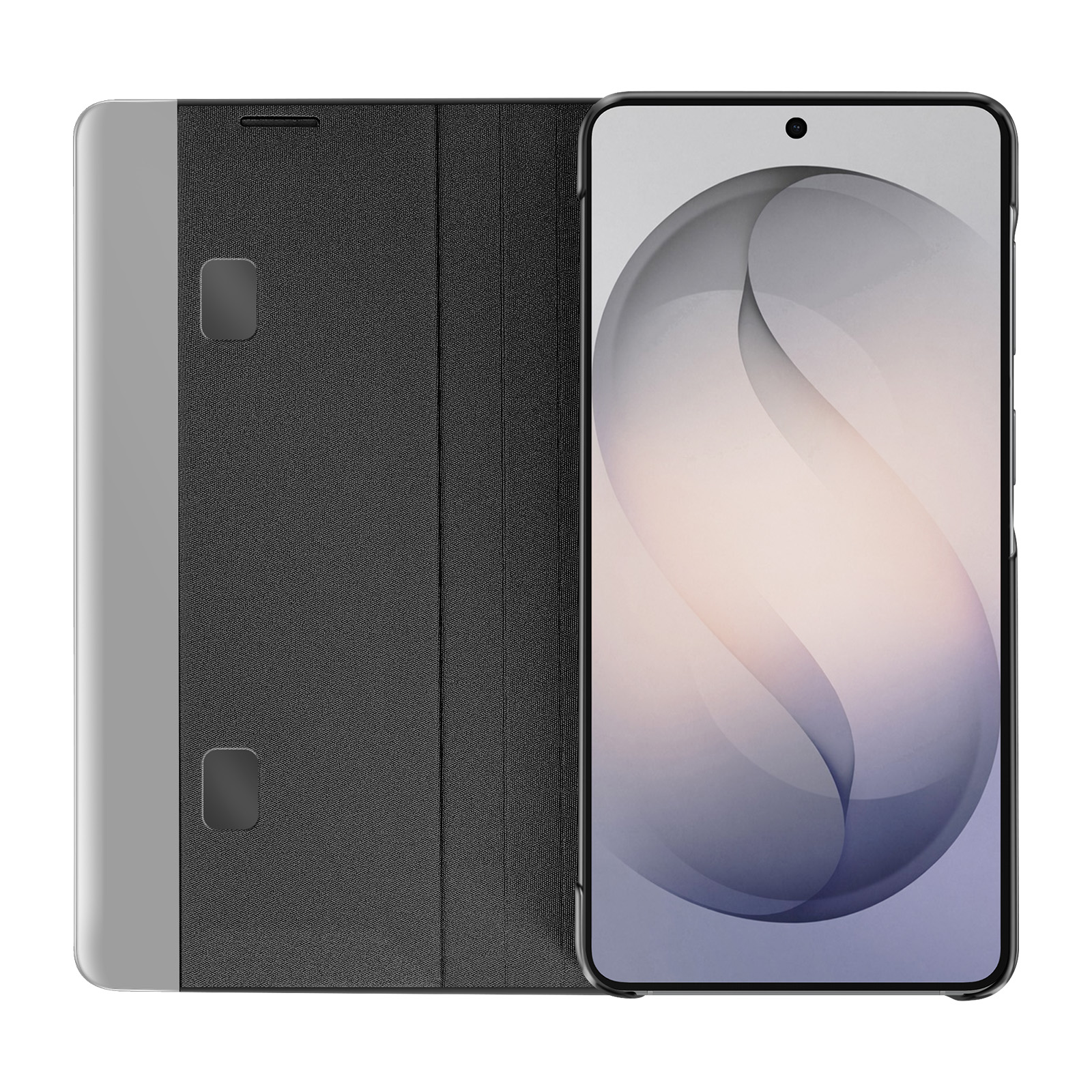 Ein schwarzes Handycover liegt neben einem Smartphone mit hellem Hintergrund.