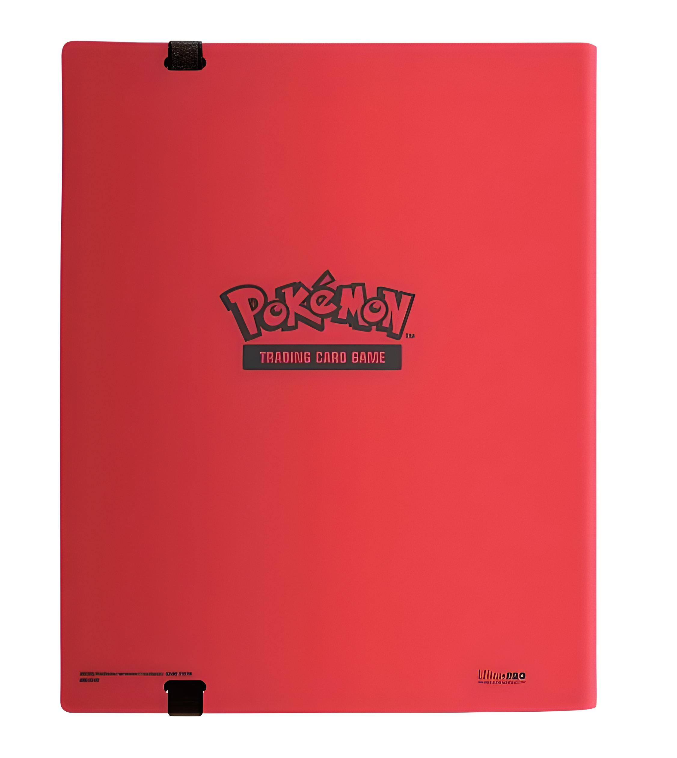 Rote Pokémon Sammelkartenspiel-Hülle mit schwarzem Logo oben und unten.