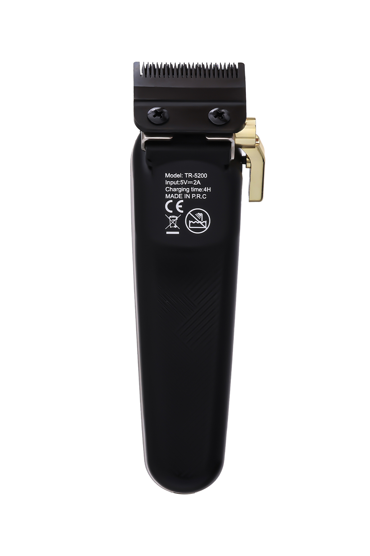 Metal bıçaklı ve altın kollu siyah saç kesme makinesi. Model TR-5200.