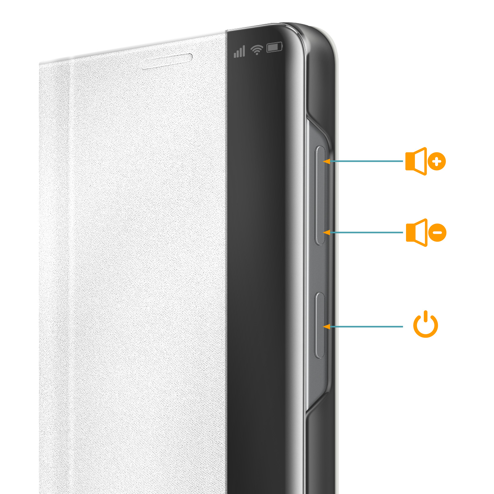 Ein weißes Smartphone mit Hülle, das mit Lautstärke- und Ein/Aus-Symbolen beschriftet ist.