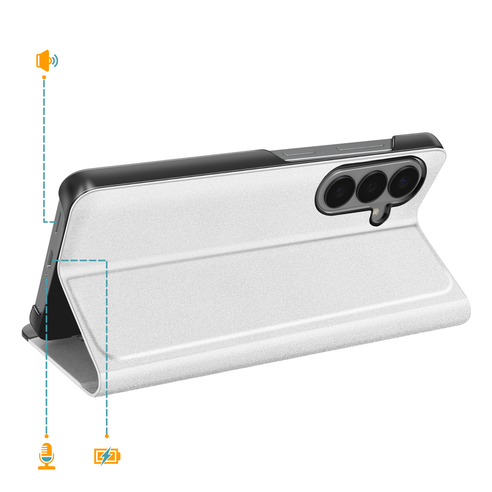 Ein weißes Handy mit einer Klapphülle, Dreifachkamera und Symbolen für Ton und Akku.
