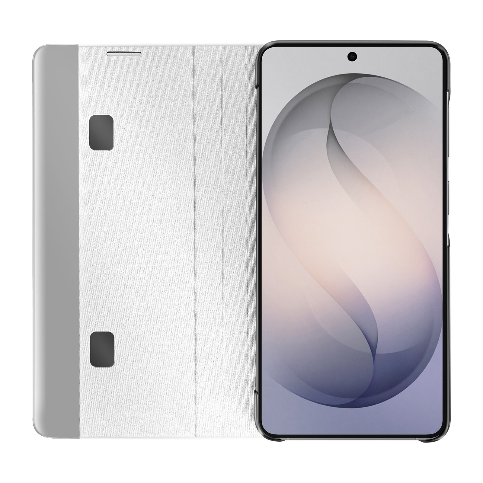 Ein weißes Handy-Flip-Case mit einem modernen Smartphone