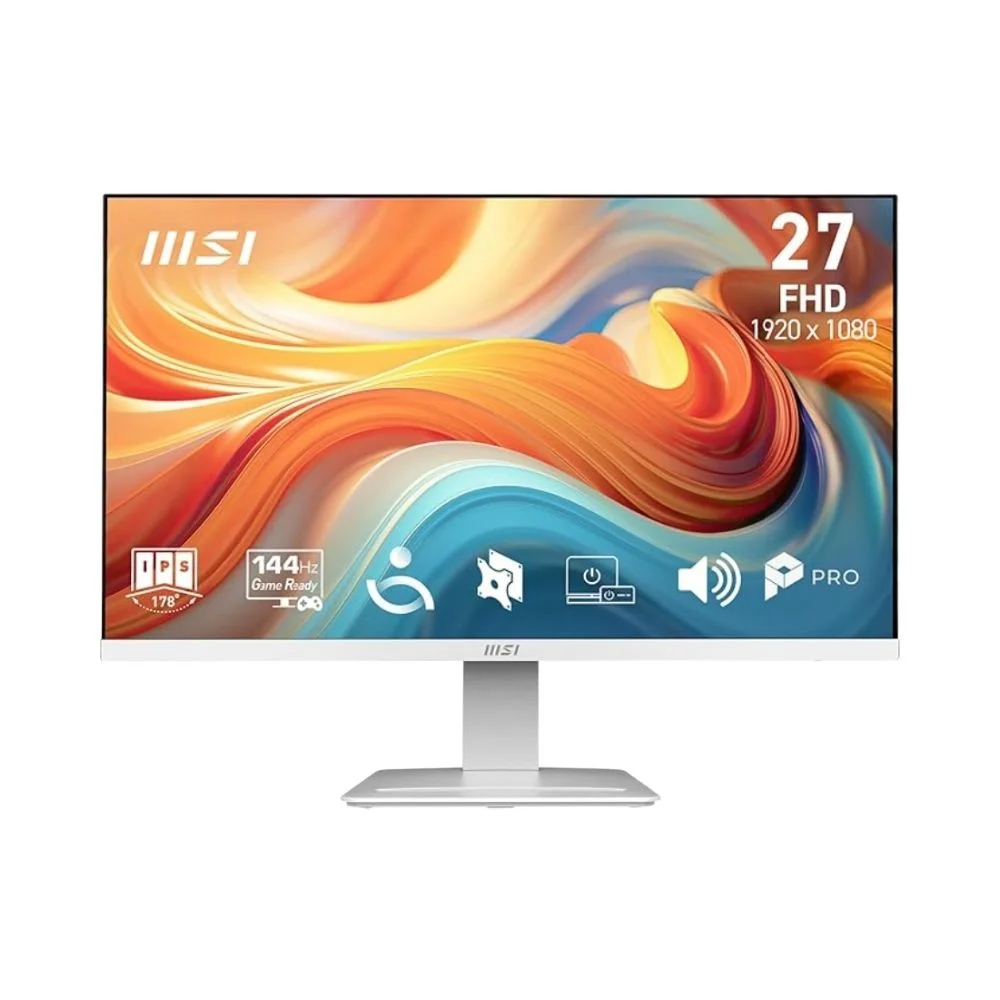 Soyut renkli ekrana sahip beyaz MSI 27 inç FHD 144Hz IPS oyuncu monitörü.