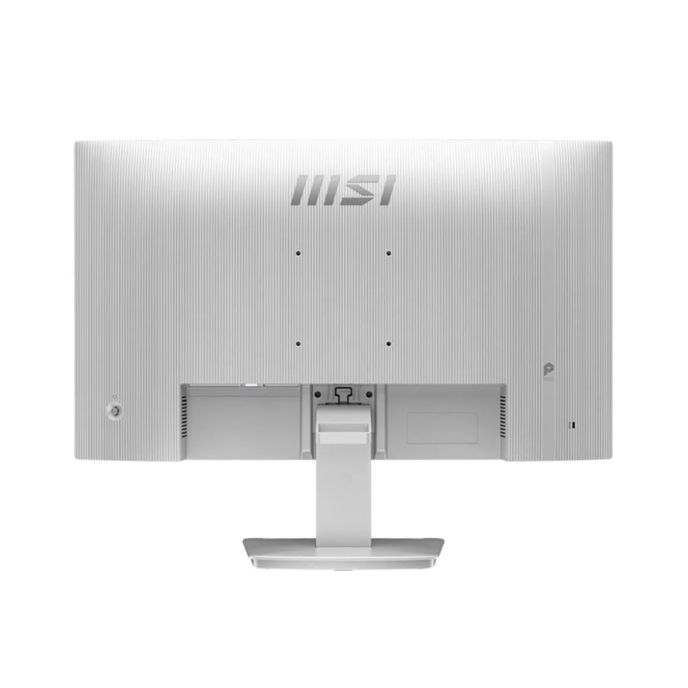 Dikey oluklu ve bağlantı noktalarına sahip beyaz MSI monitörün arkası.