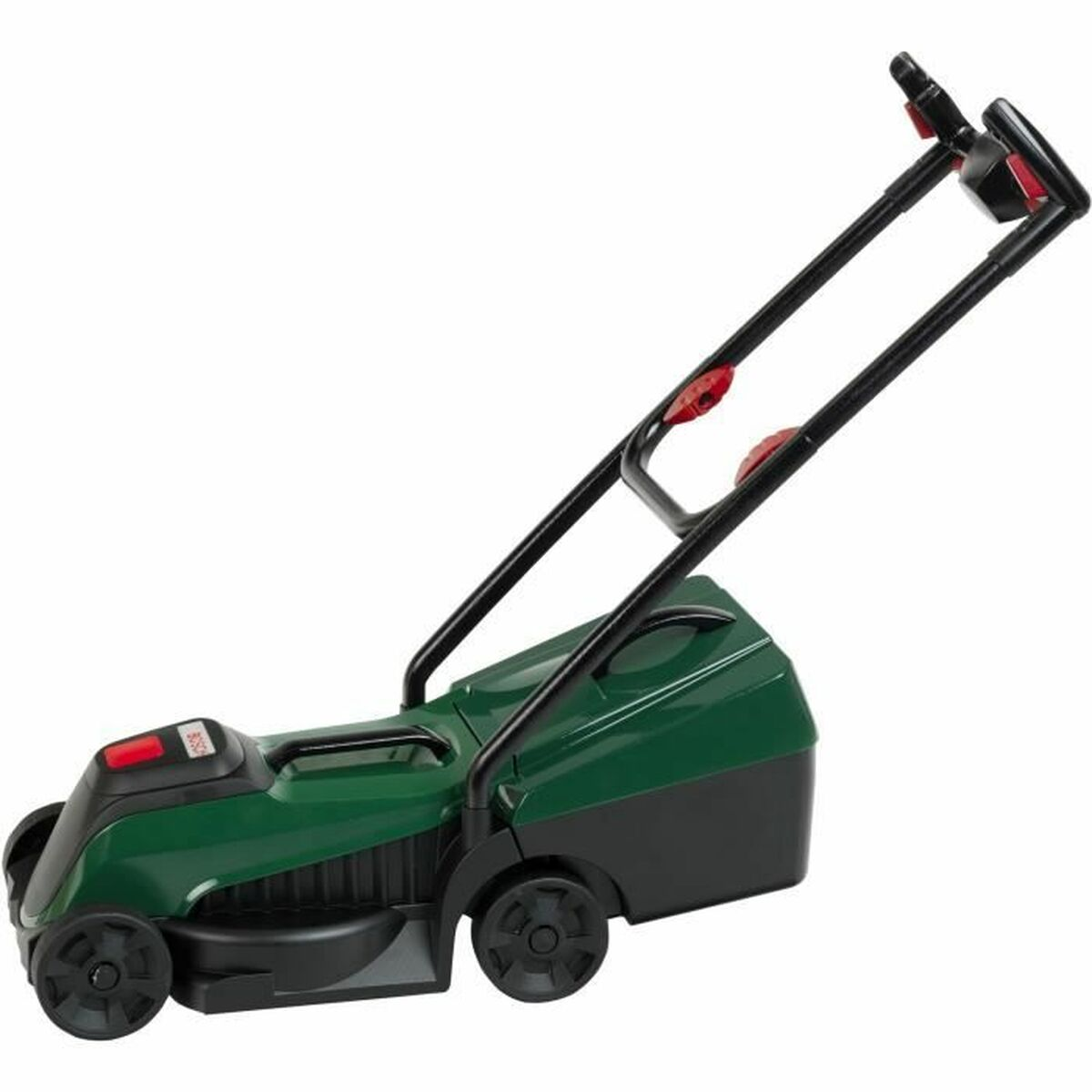 Ein grüner Rasenmäher mit schwarzem Griff und Rädern auf weißem Hintergrund.