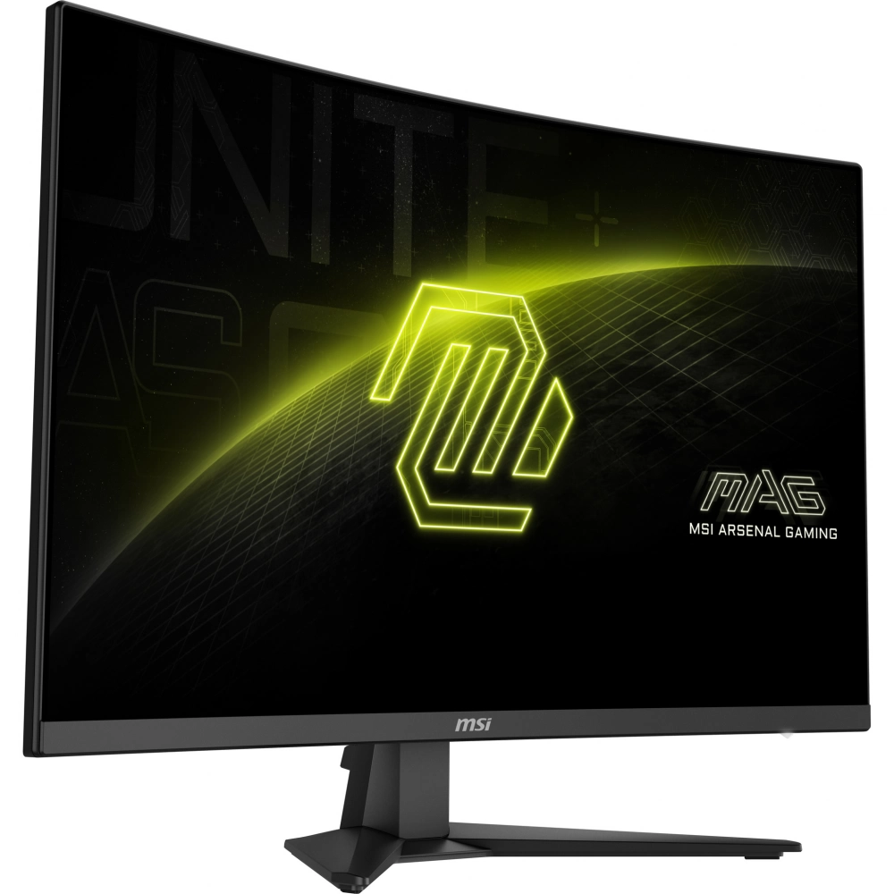 Zakrzywiony monitor gamingowy wyświetla żółte logo i napis MSI.