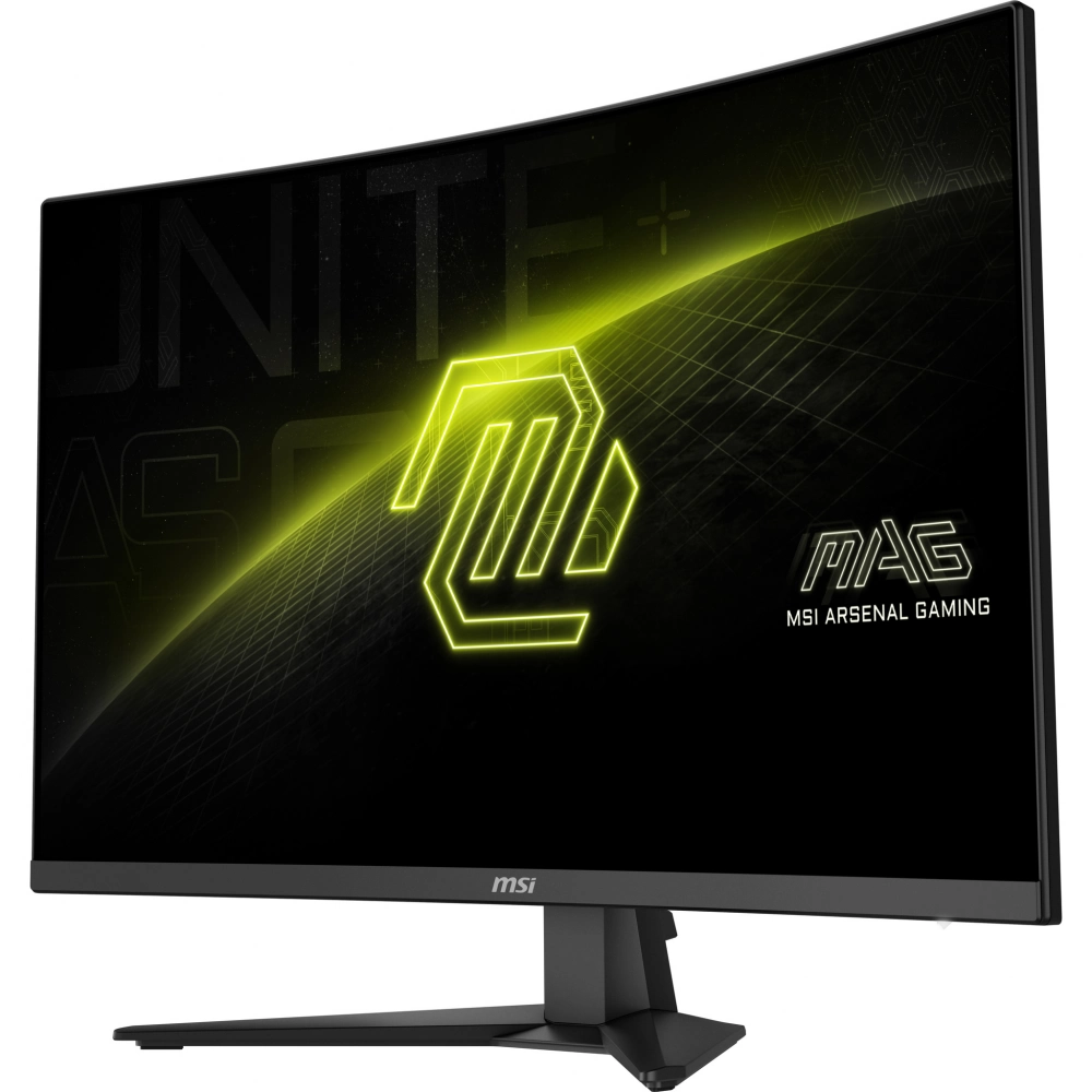 Zakrzywiony monitor gamingowy MSI wyświetla jasnożółte logo i wzór siatki.