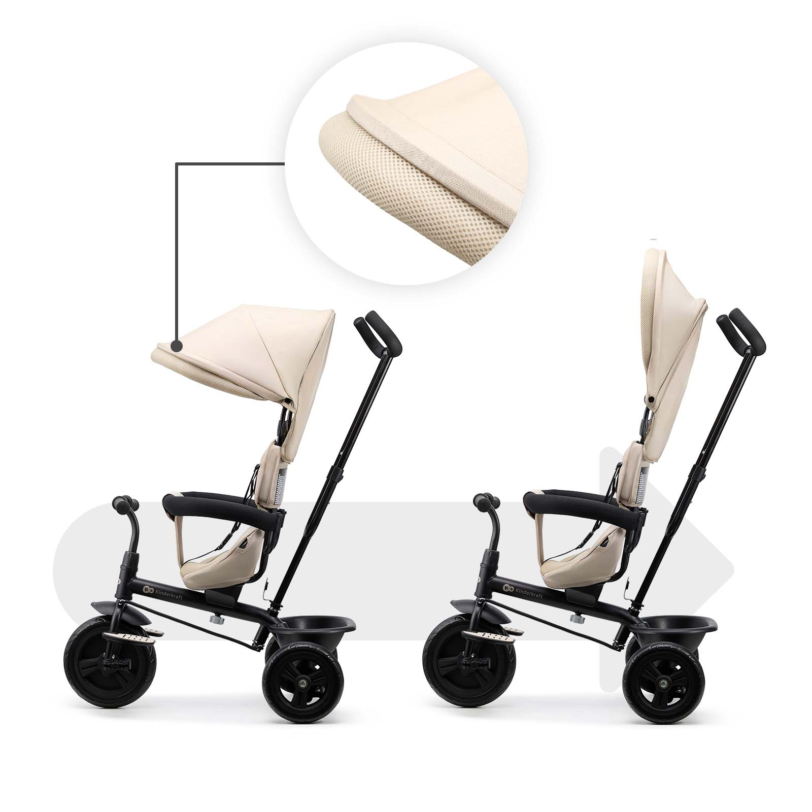 Zwei beige Kinderdreiräder nebeneinander, mit Detailaufnahme des Sonnendachs.