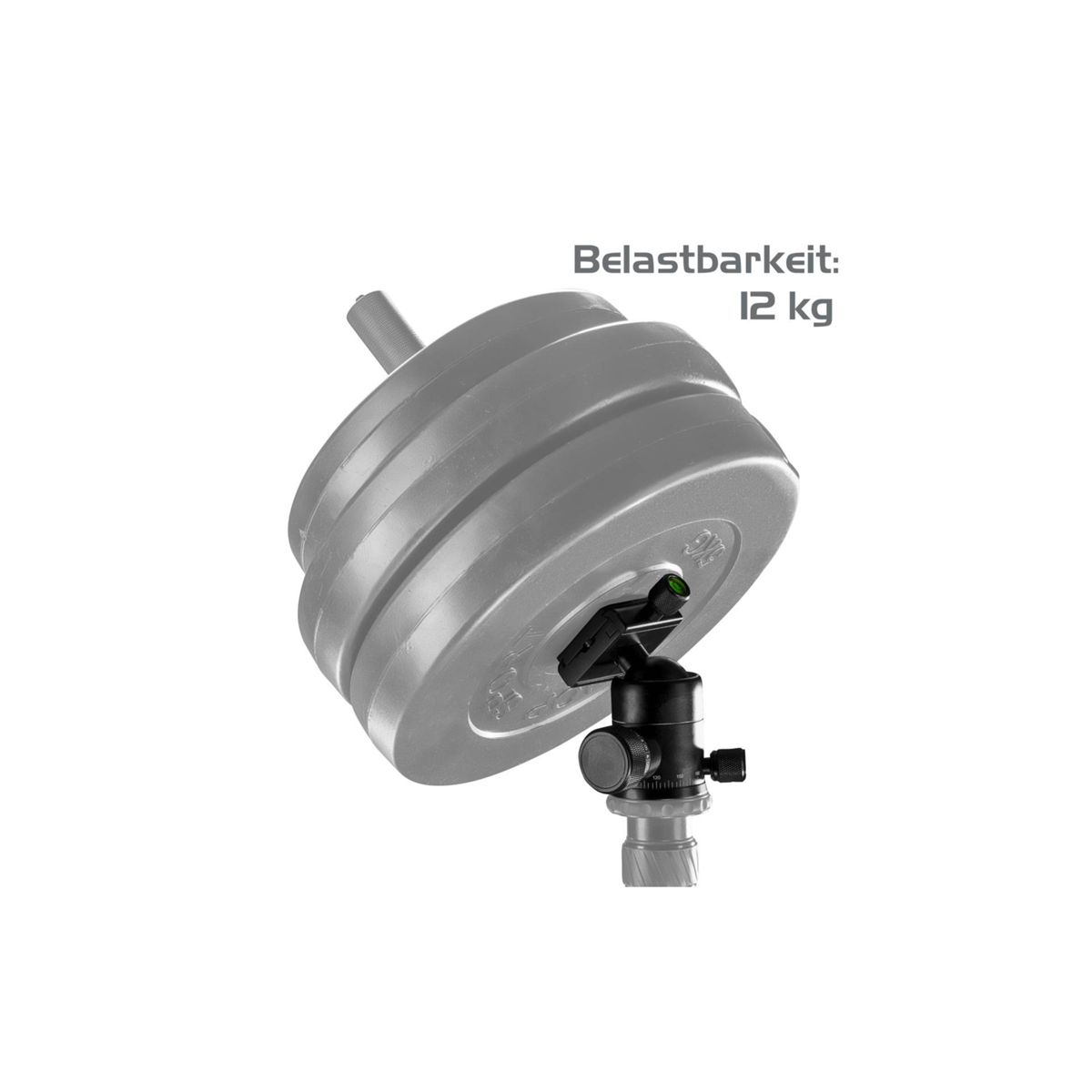 Graue Hantelscheiben mit schwarzer Halterung und Beschriftung 12 kg.